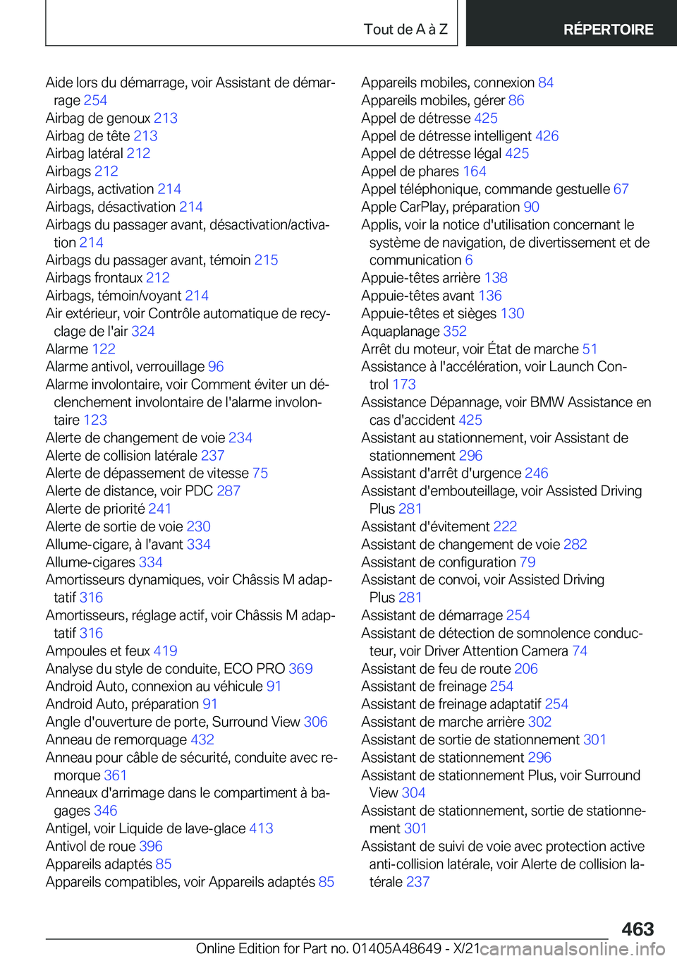 BMW 3 SERIES 2022  Notices Demploi (in French) �A�i�d�e��l�o�r�s��d�u��d�é�m�a�r�r�a�g�e�,��v�o�i�r��A�s�s�i�s�t�a�n�t��d�e��d�é�m�a�rj�r�a�g�e� �2�5�4�
�A�i�r�b�a�g��d�e��g�e�n�o�u�x� �2�1�3�
�A�i�r�b�a�g��d�e��t�ê�t�e� �2�1�3