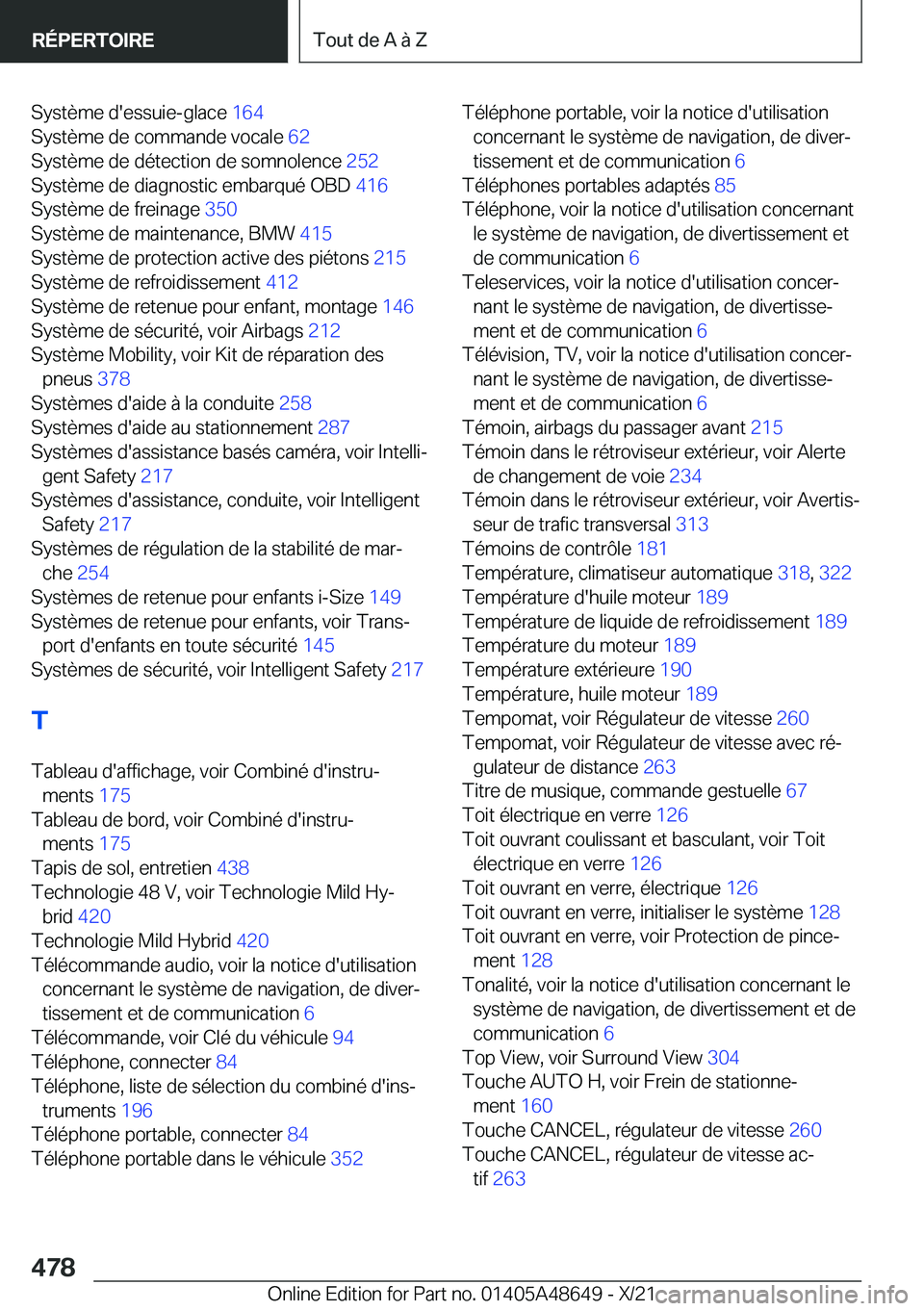 BMW 3 SERIES 2022  Notices Demploi (in French) �S�y�s�t�è�m�e��d�'�e�s�s�u�i�e�-�g�l�a�c�e��1�6�4�
�S�y�s�t�è�m�e��d�e��c�o�m�m�a�n�d�e��v�o�c�a�l�e� �6�2�
�S�y�s�t�è�m�e��d�e��d�é�t�e�c�t�i�o�n��d�e��s�o�m�n�o�l�e�n�c�e� �2�5