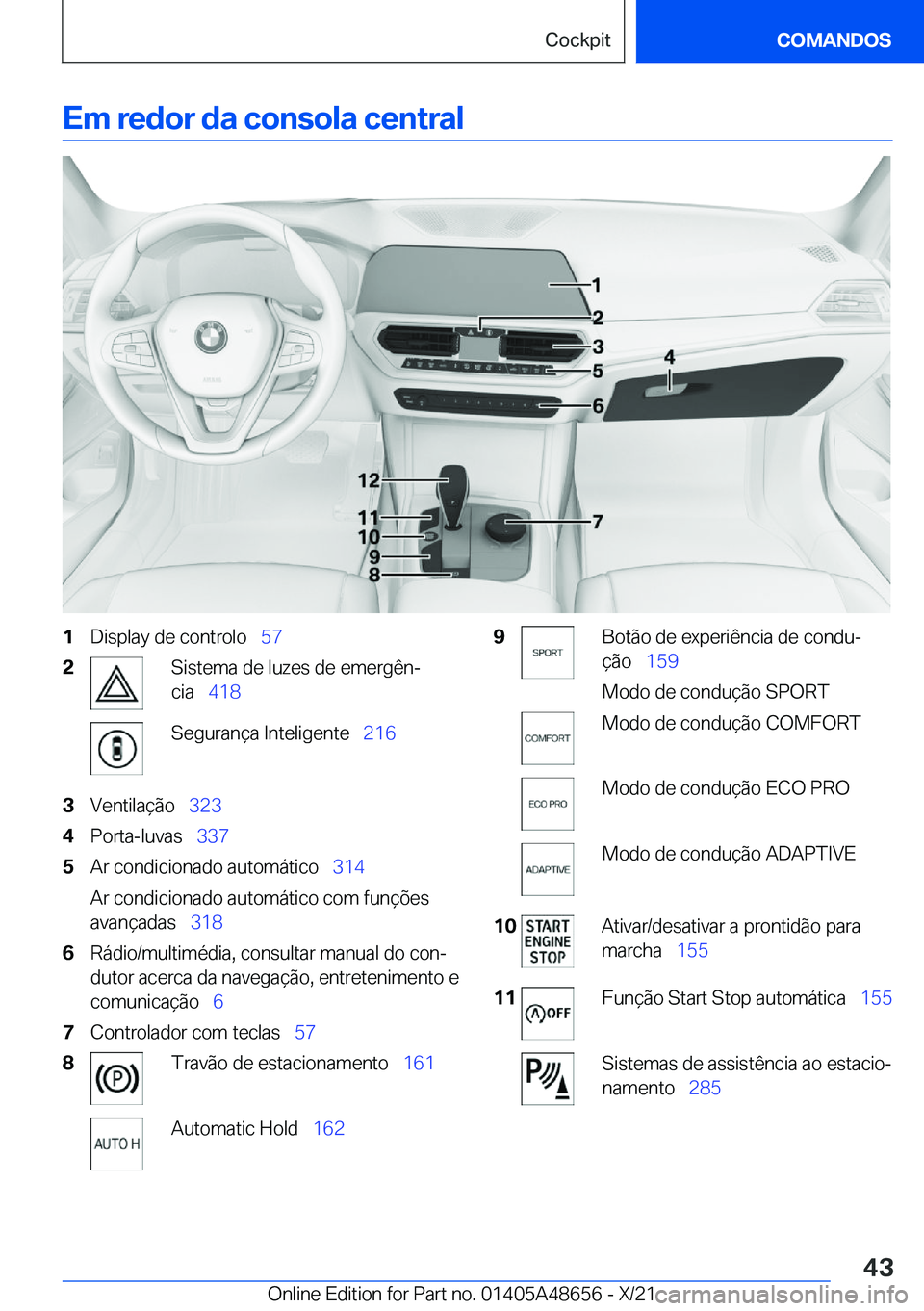 BMW 3 SERIES 2022  Manual do condutor (in Portuguese) �E�m��r�e�d�o�r��d�a��c�o�n�s�o�l�a��c�e�n�t�r�a�l�1�D�i�s�p�l�a�y��d�e��c�o�n�t�r�o�l�o\_�5�7�2�S�i�s�t�e�m�a��d�e��l�u�z�e�s��d�e��e�m�e�r�g�ê�nª
�c�i�a\_ �4�1�8�S�e�g�u�r�a�n�