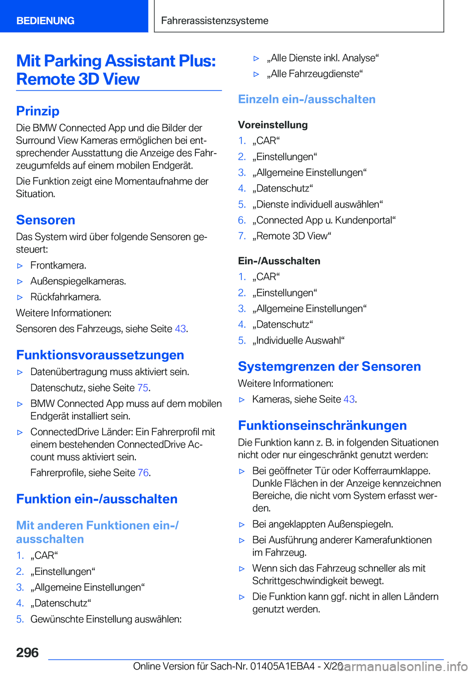 BMW 3 SERIES 2021  Betriebsanleitungen (in German) �M�i�t��P�a�r�k�i�n�g��A�s�s�i�s�t�a�n�t��P�l�u�s�:�R�e�m�o�t�e��3�D��V�i�e�w
�P�r�i�n�z�i�p
�D�i�e��B�M�W��C�o�n�n�e�c�t�e�d��A�p�p��u�n�d��d�i�e��B�i�l�d�e�r��d�e�r
�S�u�r�r�o�u�n�d��V�