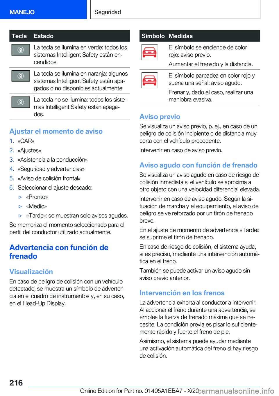 BMW 3 SERIES 2021  Manuales de Empleo (in Spanish) �T�e�c�l�a�E�s�t�a�d�o�L�a��t�e�c�l�a��s�e��i�l�u�m�i�n�a��e�n��v�e�r�d�e�:��t�o�d�o�s��l�o�s�s�i�s�t�e�m�a�s��I�n�t�e�l�l�i�g�e�n�t��S�a�f�e�t�y��e�s�t�