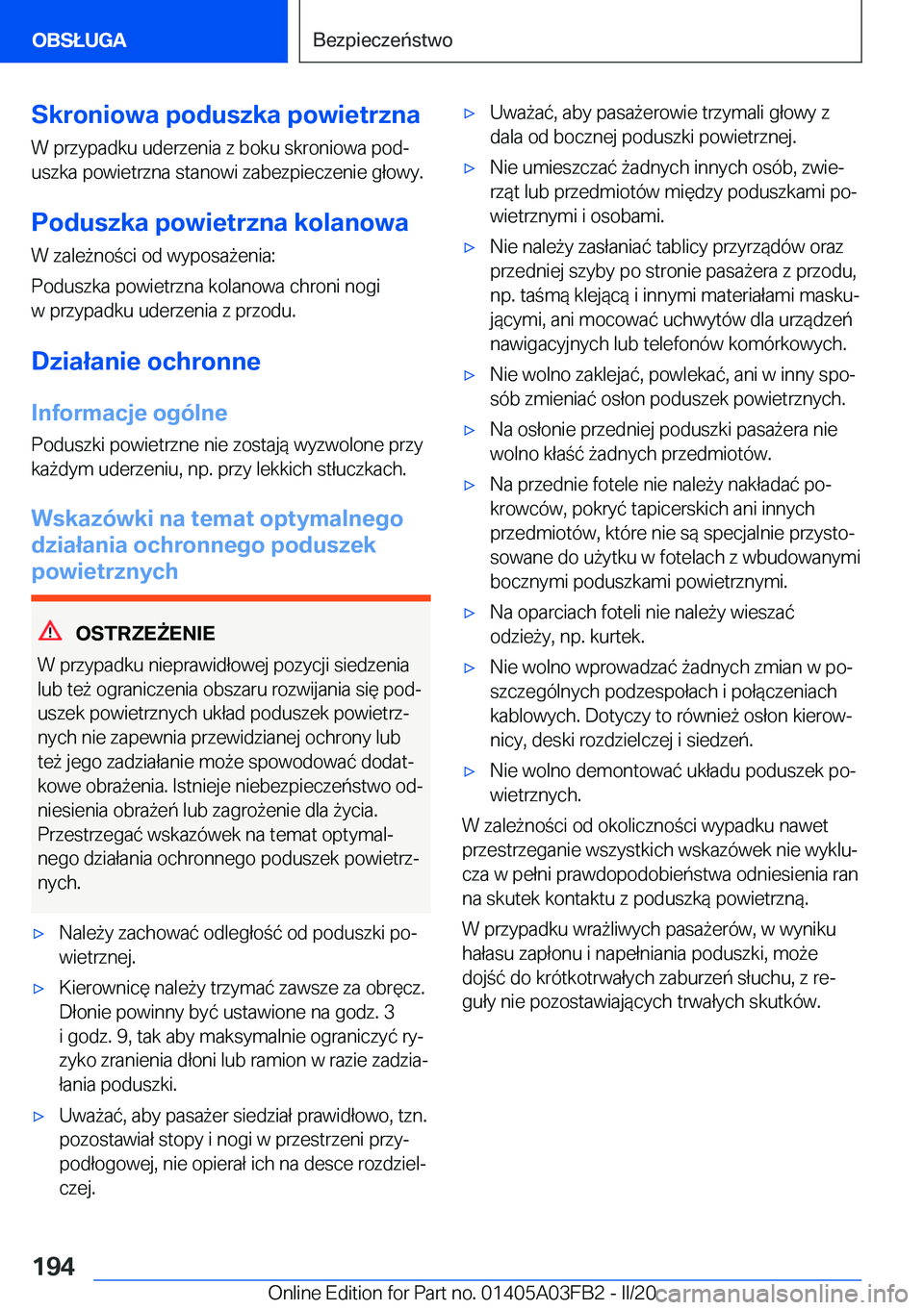 BMW 3 SERIES 2020  Instrukcja obsługi (in Polish) �S�k�r�o�n�i�o�w�a��p�o�d�u�s�z�k�a��p�o�w�i�e�t�r�z�n�a
�W��p�r�z�y�p�a�d�k�u��u�d�e�r�z�e�n�i�a��z��b�o�k�u��s�k�r�o�n�i�o�w�a��p�o�dj
�u�s�z�k�a��p�o�w�i�e�t�r�z�n�a��s�t�a�n�o�w�i��z�a