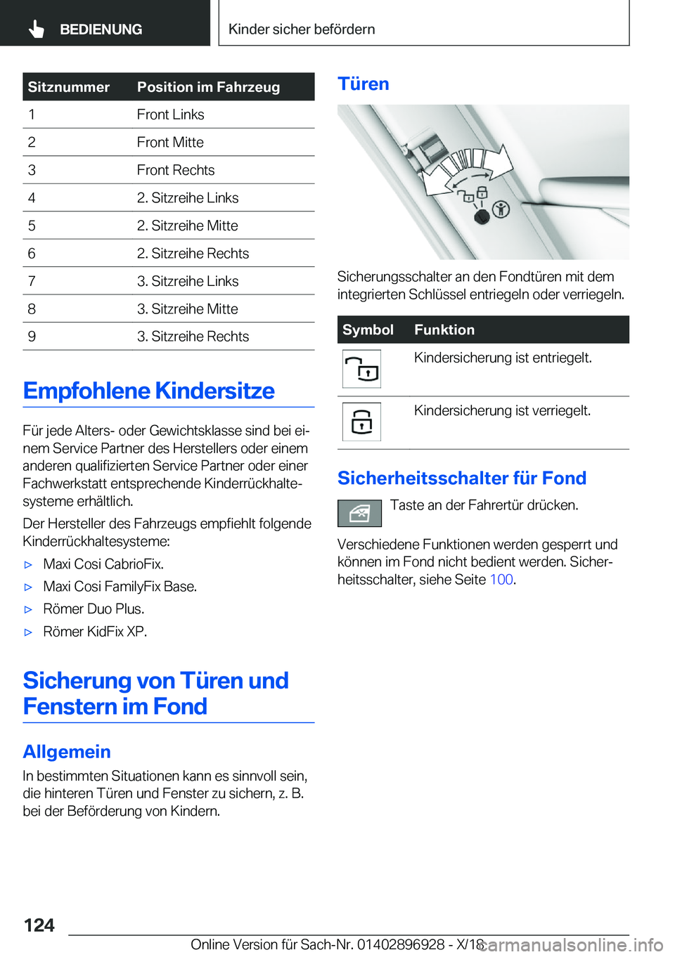 BMW 3 SERIES 2019  Betriebsanleitungen (in German) �S�i�t�z�n�u�m�m�e�r�P�o�s�i�t�i�o�n��i�m��F�a�h�r�z�e�u�g�1�F�r�o�n�t��L�i�n�k�s�2�F�r�o�n�t��M�i�t�t�e�3�F�r�o�n�t��R�e�c�h�t�s�4�2�.��S�i�t�z�r�e�i�h�e��L�i�n�k�s�5�2�.��S�i�t�z�r�e�i�h�e�