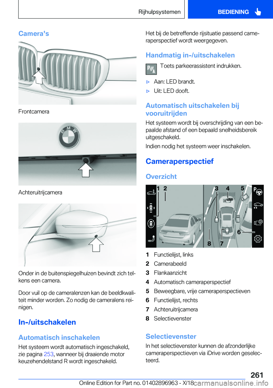BMW 3 SERIES 2019  Instructieboekjes (in Dutch)  C a m e r a ' s
 F r o n t c a m e r a
 A c h t e r u i t r i j c a m e r a
 O n d e r  i n  d e  b u i t e n s p i e g e l h u i z e n  b e v i n d t  z i c h  t e lj
 k e n s  e e n  c