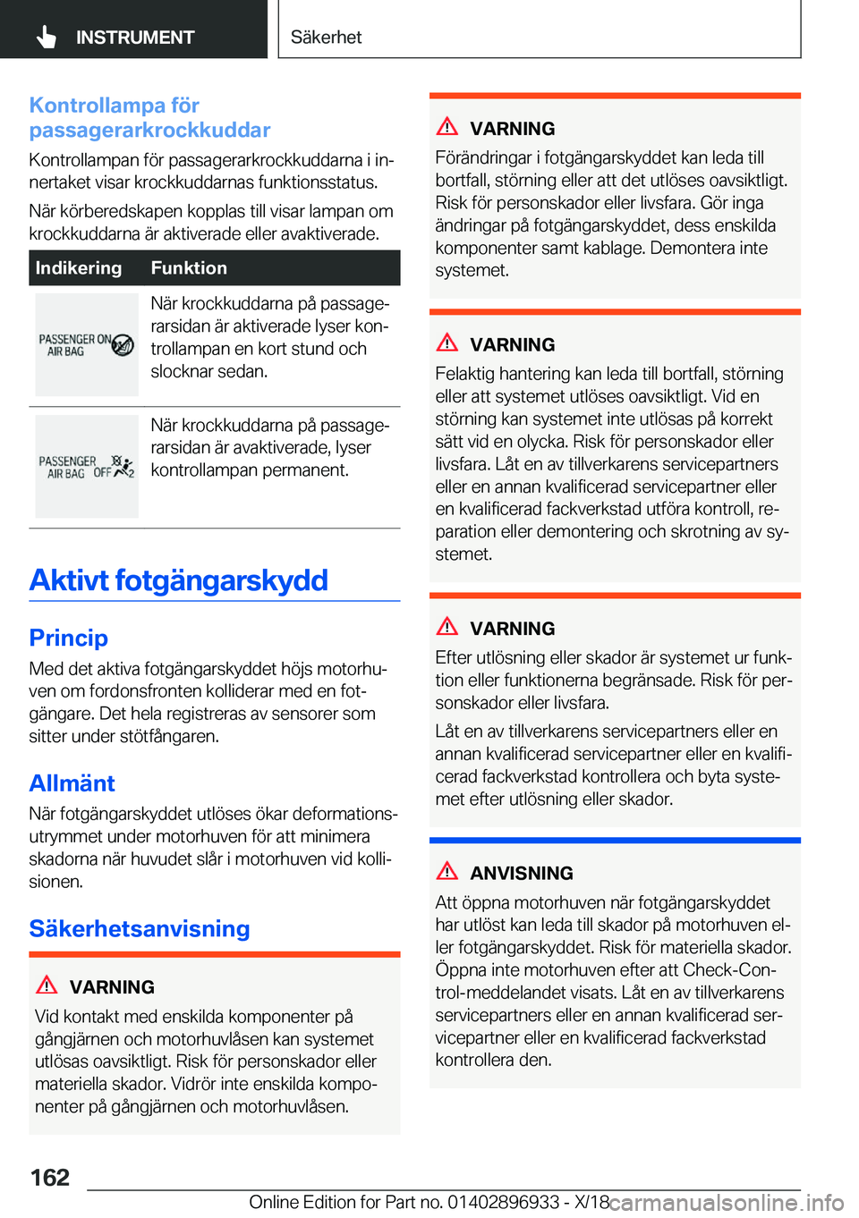 BMW 3 SERIES 2019  InstruktionsbÖcker (in Swedish) �K�o�n�t�r�o�l�l�a�m�p�a��f�