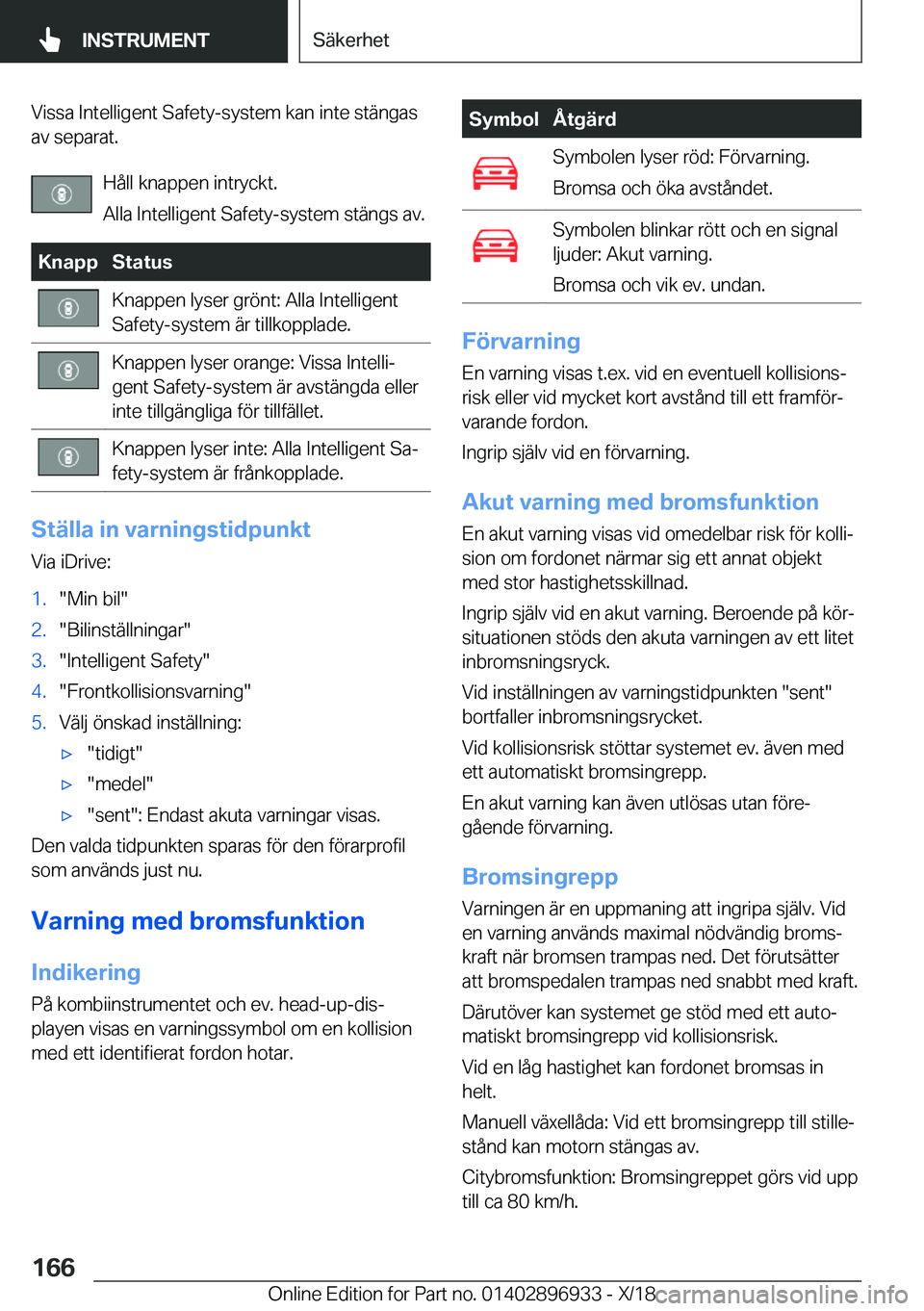 BMW 3 SERIES 2019  InstruktionsbÖcker (in Swedish) �V�i�s�s�a��I�n�t�e�l�l�i�g�e�n�t��S�a�f�e�t�y�-�s�y�s�t�e�m��k�a�n��i�n�t�e��s�t�ä�n�g�a�s�a�v��s�e�p�a�r�a�t�.
�H�å�l�l��k�n�a�p�p�e�n��i�n�t�r�y�c�k�t�.
�A�l�l�a��I�n�t�e�l�l�i�g�e�n�t�