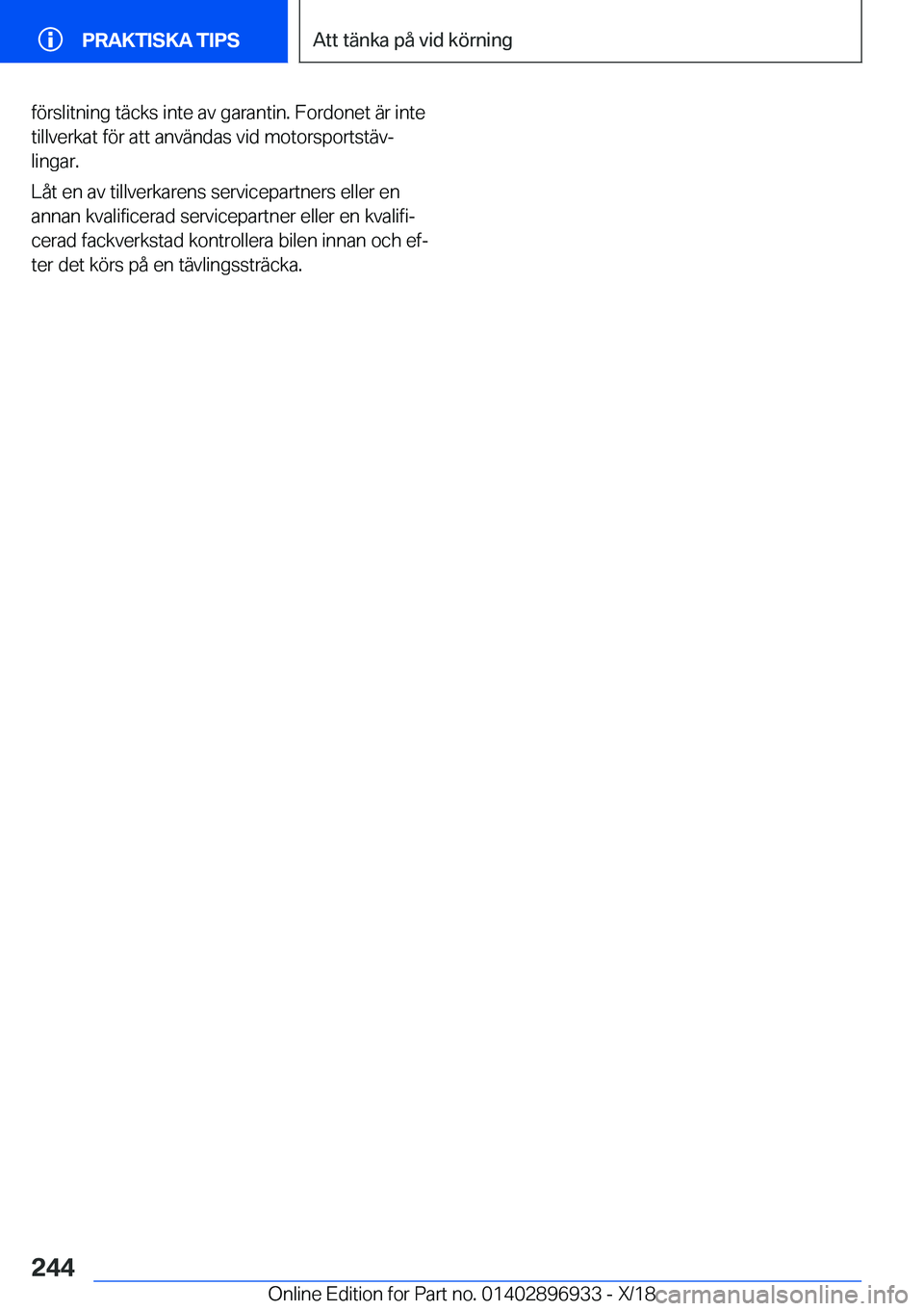 BMW 3 SERIES 2019  InstruktionsbÖcker (in Swedish) �f�