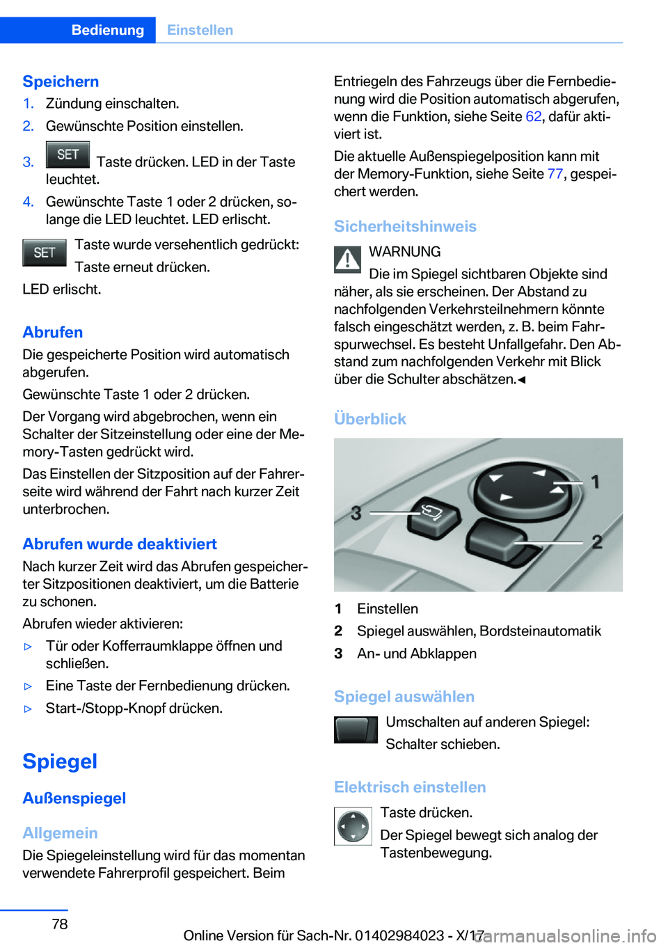 BMW 3 SERIES 2018  Betriebsanleitungen (in German) �S�p�e�i�c�h�e�r�n�1�.�Z�