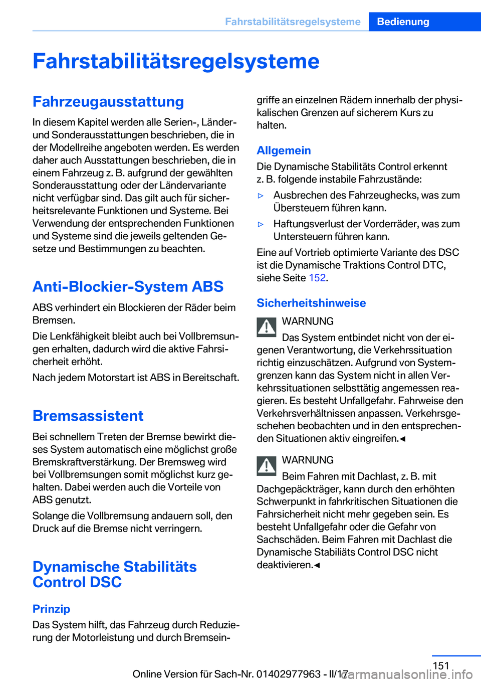 BMW 3 SERIES 2017  Betriebsanleitungen (in German) �F�a�h�r�s�t�a�b�i�l�i�t�