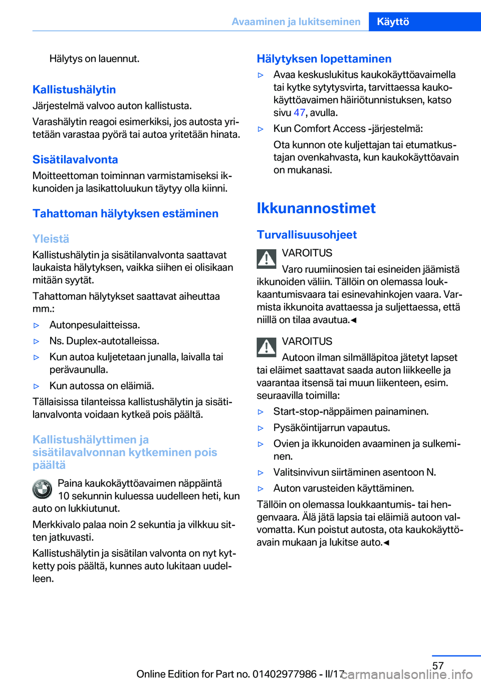 BMW 3 SERIES 2017  Omistajan Käsikirja (in Finnish) �H�