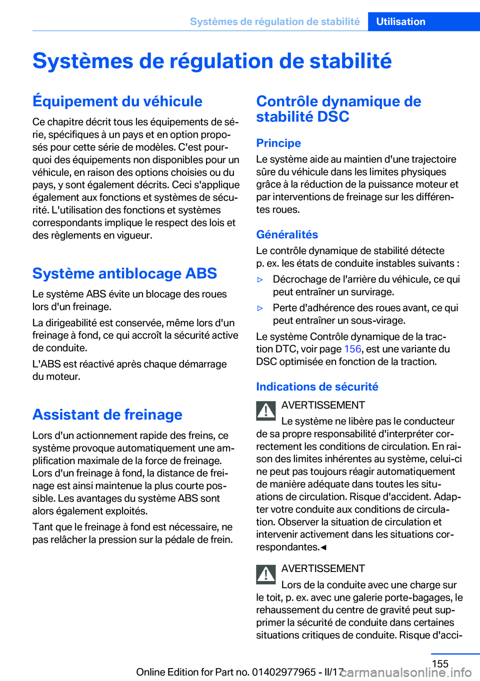 BMW 3 SERIES 2017  Notices Demploi (in French) �S�y�s�t�è�m�e�s��d�e��r�é�g�u�l�a�t�i�o�n��d�e��s�t�a�b�i�l�i�t�é�