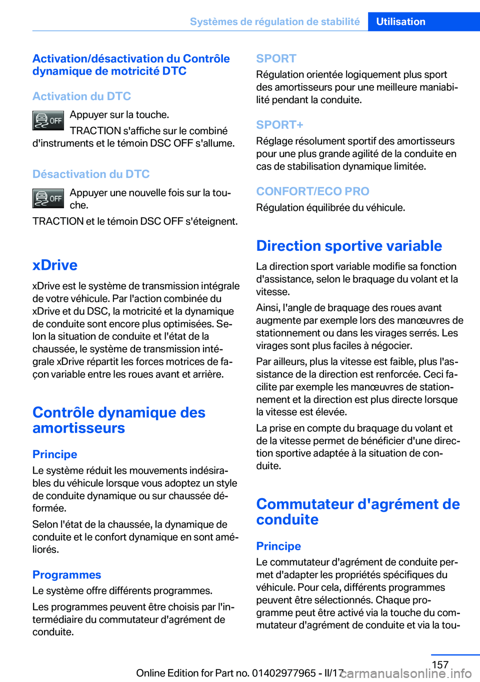 BMW 3 SERIES 2017  Notices Demploi (in French) �A�c�t�i�v�a�t�i�o�n�/�d�é�s�a�c�t�i�v�a�t�i�o�n��d�u��C�o�n�t�r�