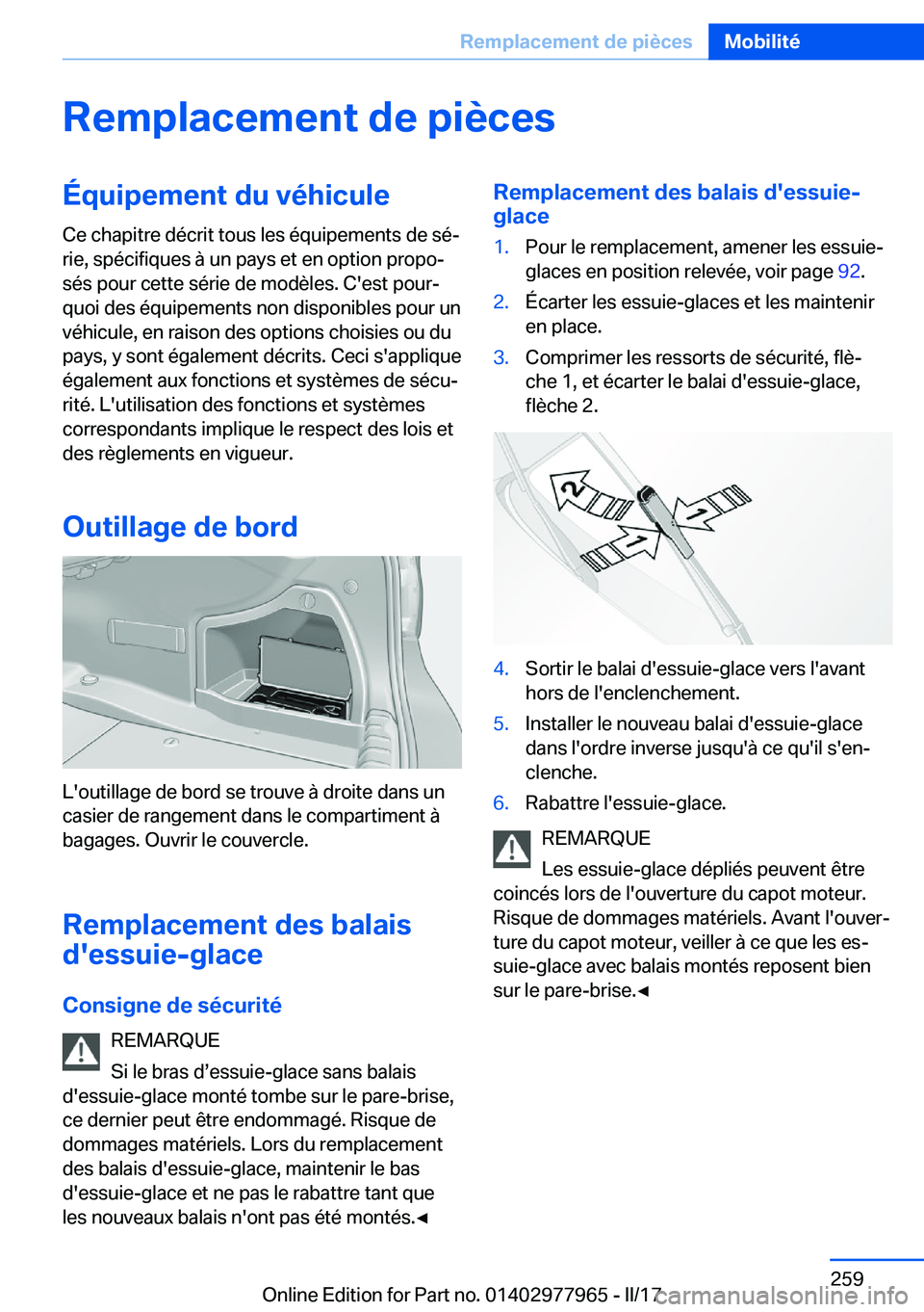 BMW 3 SERIES 2017  Notices Demploi (in French) �R�e�m�p�l�a�c�e�m�e�n�t��d�e��p�i�è�c�e�s�