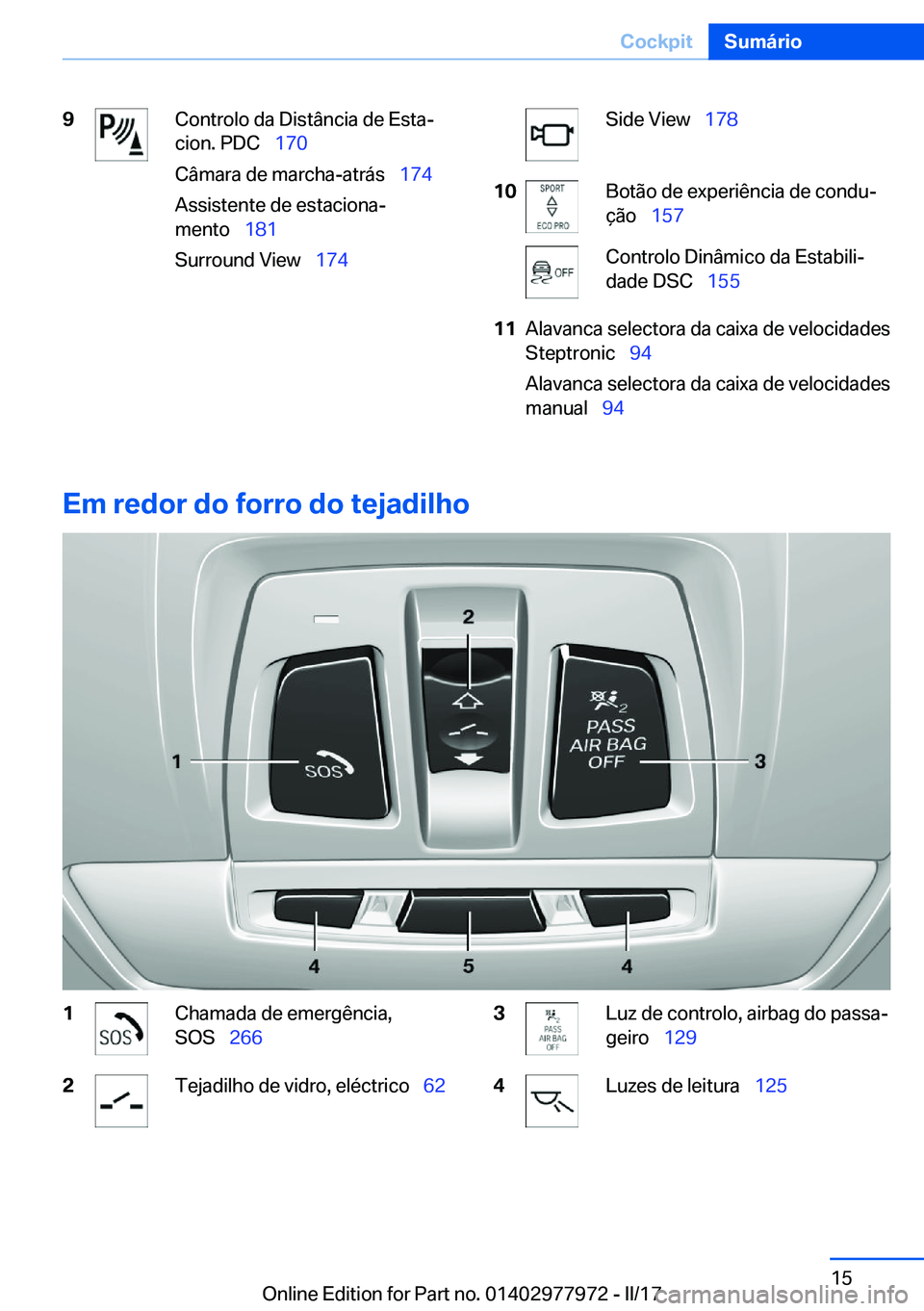 BMW 3 SERIES 2017  Manual do condutor (in Portuguese)  9 C o n t r o l o   d a   D i s t â n c i a   d e   E s t aª
 c i o n .   P D C\_  1 7 0
 C â m a r a   d e   m a r c h a - a t r á s\_  1 7 4
 A s s i s t e n t e   d e   e s t a c i o n a