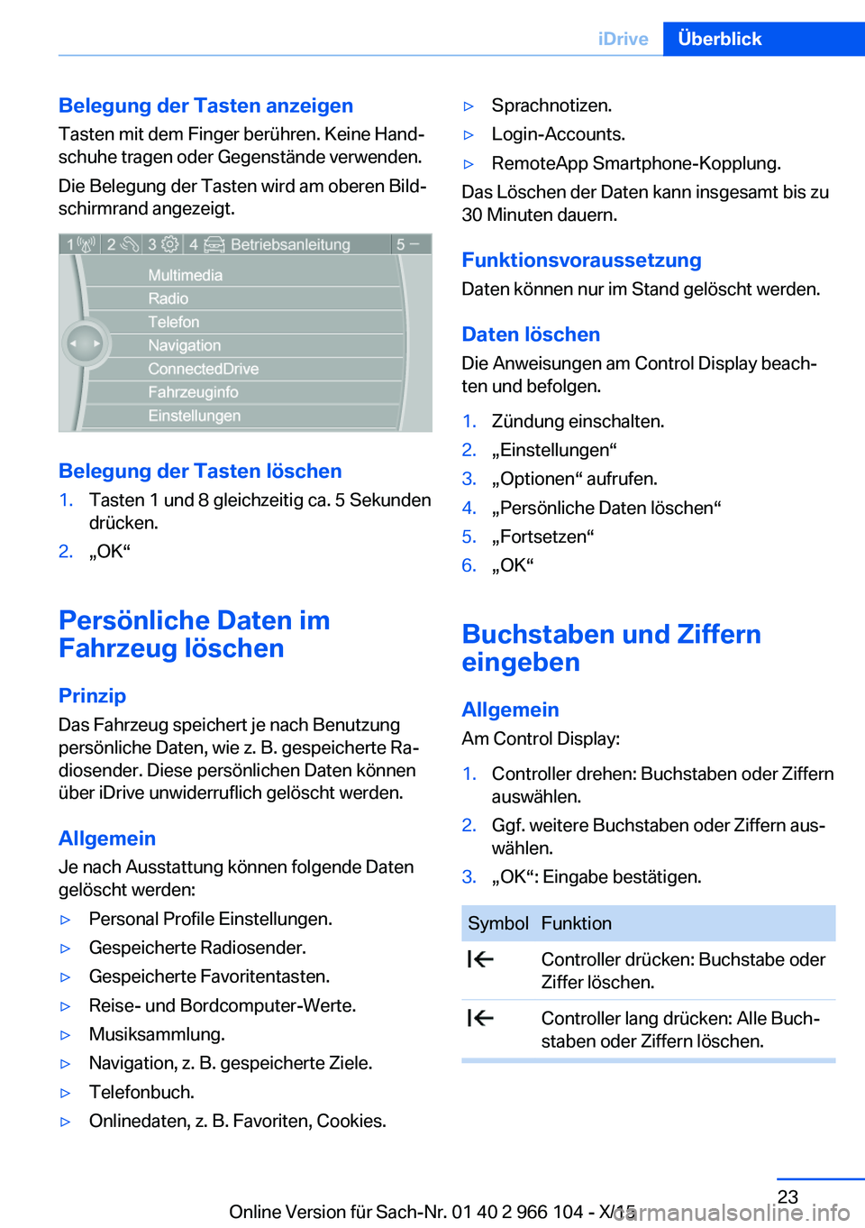 BMW 3 SERIES 2016 Betriebsanleitungen (in German) Belegung der Tasten anzeigen
Tasten mit dem Finger berühren. Keine Hand‐
schuhe tragen oder Gegenstände verwenden.
Die Belegung der Tasten wird am oberen Bild‐
schirmrand angezeigt.
Belegung der BMW 3 SERIES 2016 Betriebsanleitungen (in German) Belegung der Tasten anzeigen
Tasten mit dem Finger berühren. Keine Hand‐
schuhe tragen oder Gegenstände verwenden.
Die Belegung der Tasten wird am oberen Bild‐
schirmrand angezeigt.
Belegung der