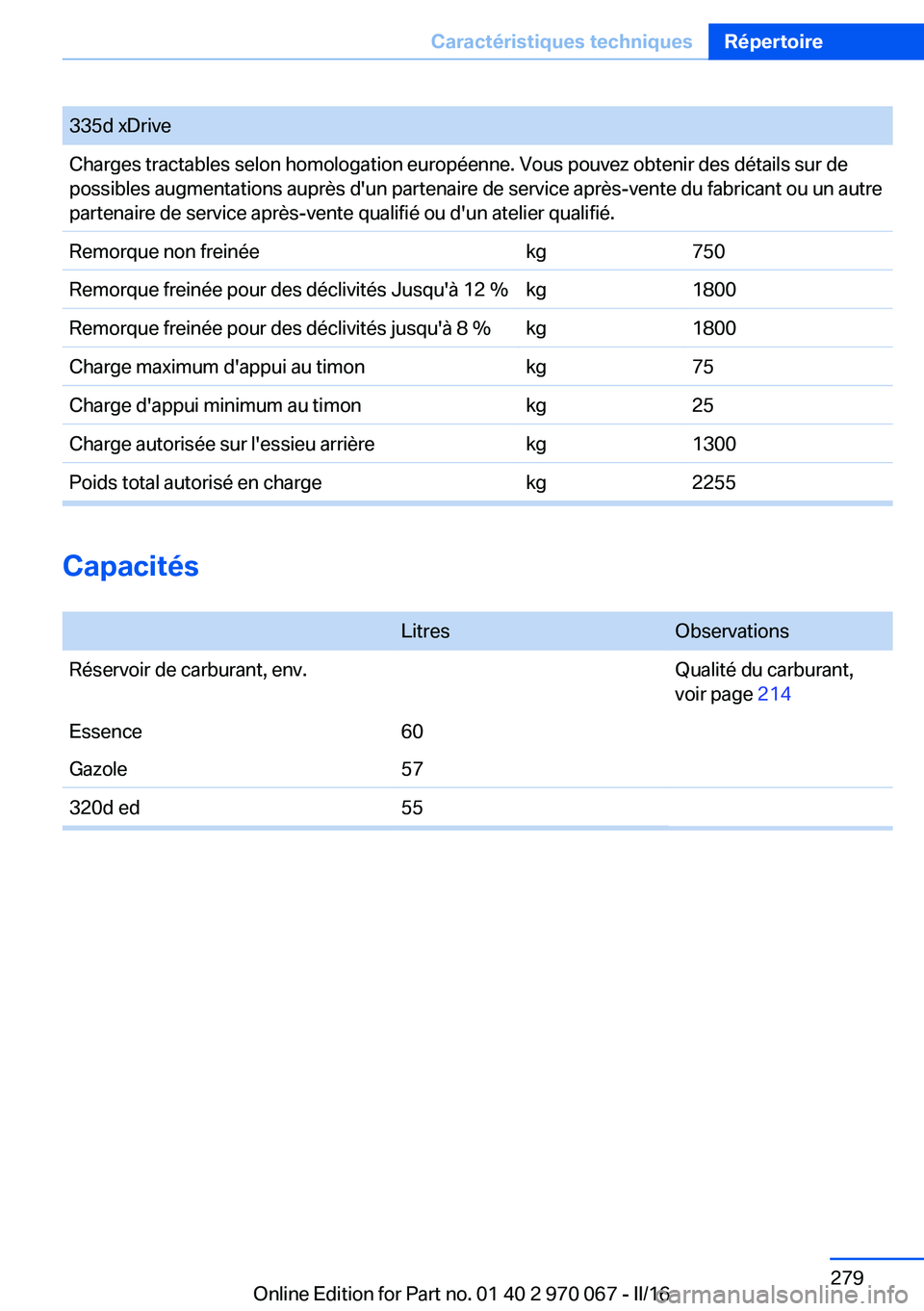 BMW 3 SERIES 2016  Notices Demploi (in French) 335d xDriveCharges tractables selon homologation européenne. Vous pouvez obtenir des détails sur de
possibles augmentations auprès d'un partenaire de service après-vente du fabricant ou un aut