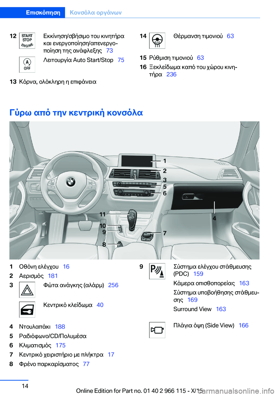 BMW 3 SERIES 2016  ΟΔΗΓΌΣ ΧΡΉΣΗΣ (in Greek) 12Εκκίνηση/σβήσιμο του κινητήρα
και ενεργοποίηση/απενεργο‐
ποίηση της ανάφλεξης   73Λειτουργία Auto Start/Stop   