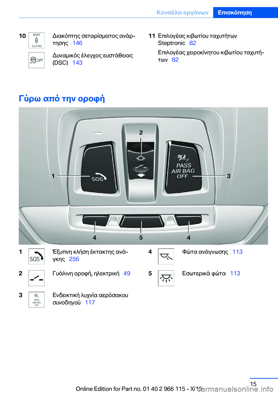 BMW 3 SERIES 2016  ΟΔΗΓΌΣ ΧΡΉΣΗΣ (in Greek) 10Διακόπτης σεταρίσματος ανάρ‐
τησης   146Δυναμικός έλεγχος ευστάθειας
(DSC)   14311Επιλογέας κιβωτίου ταχυτήτ