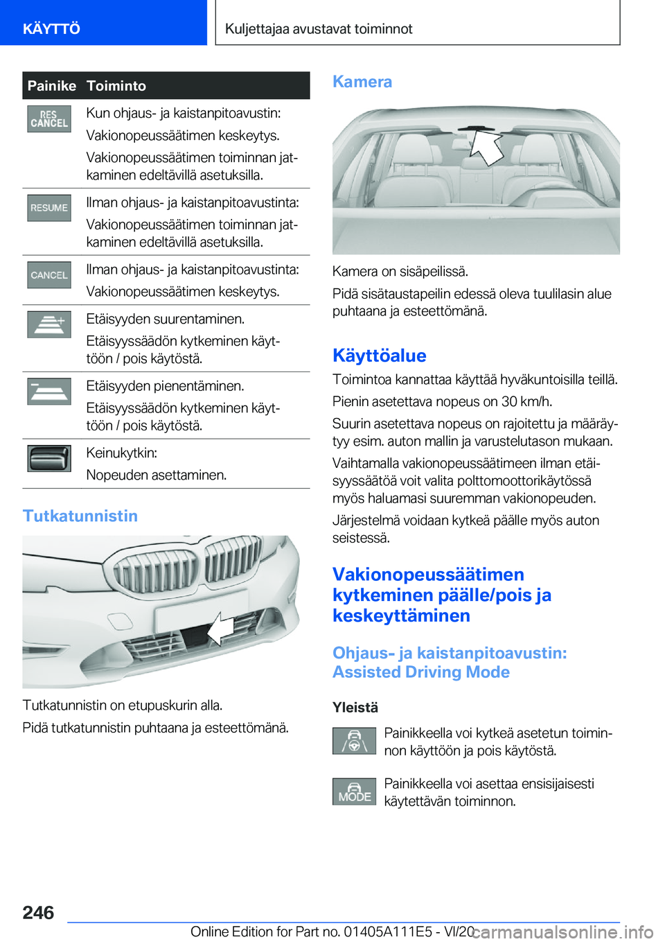 BMW 3 SERIES SEDAN PLUG-IN HYBRID 2021  Omistajan Käsikirja (in Finnish) �P�a�i�n�i�k�e�T�o�i�m�i�n�t�o�K�u�n��o�h�j�a�u�s�-��j�a��k�a�i�s�t�a�n�p�i�t�o�a�v�u�s�t�i�n�:
�V�a�k�i�o�n�o�p�e�u�s�s�