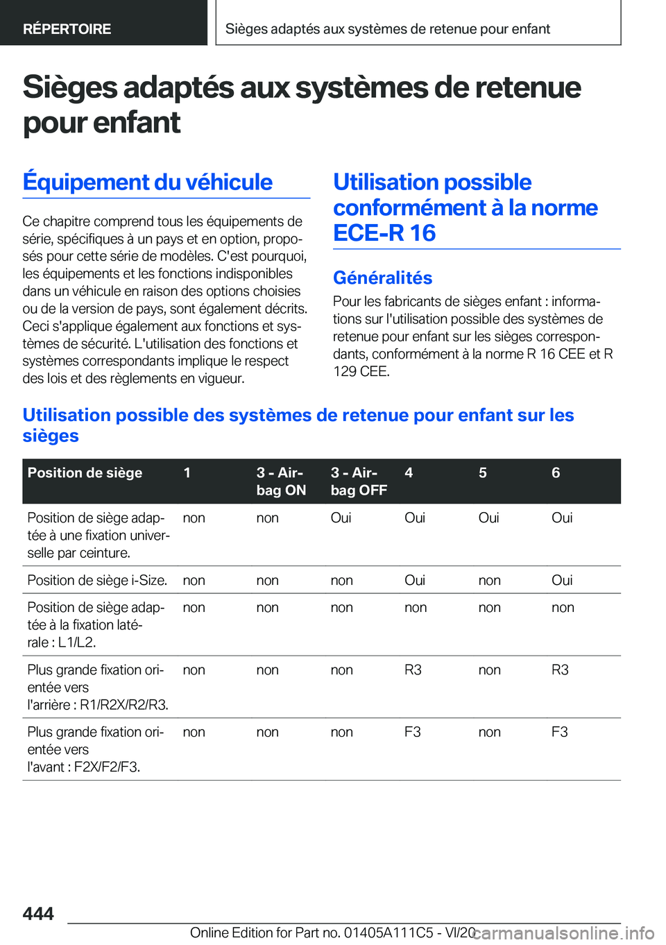 BMW 3 SERIES SEDAN PLUG-IN HYBRID 2021  Notices Demploi (in French) �S�i�è�g�e�s��a�d�a�p�t�é�s��a�u�x��s�y�s�t�è�m�e�s��d�e��r�e�t�e�n�u�e
�p�o�u�r��e�n�f�a�n�t�