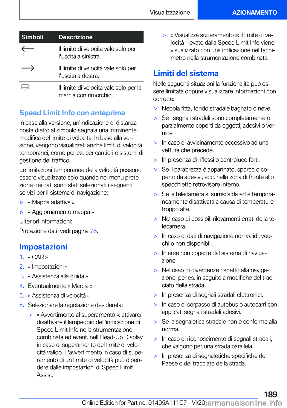 BMW 3 SERIES SEDAN PLUG-IN HYBRID 2021  Libretti Di Uso E manutenzione (in Italian) �S�i�m�b�o�l�i�D�e�s�c�r�i�z�i�o�n�e��I�l��l�i�m�i�t�e��d�i��v�e�l�o�c�i�t�