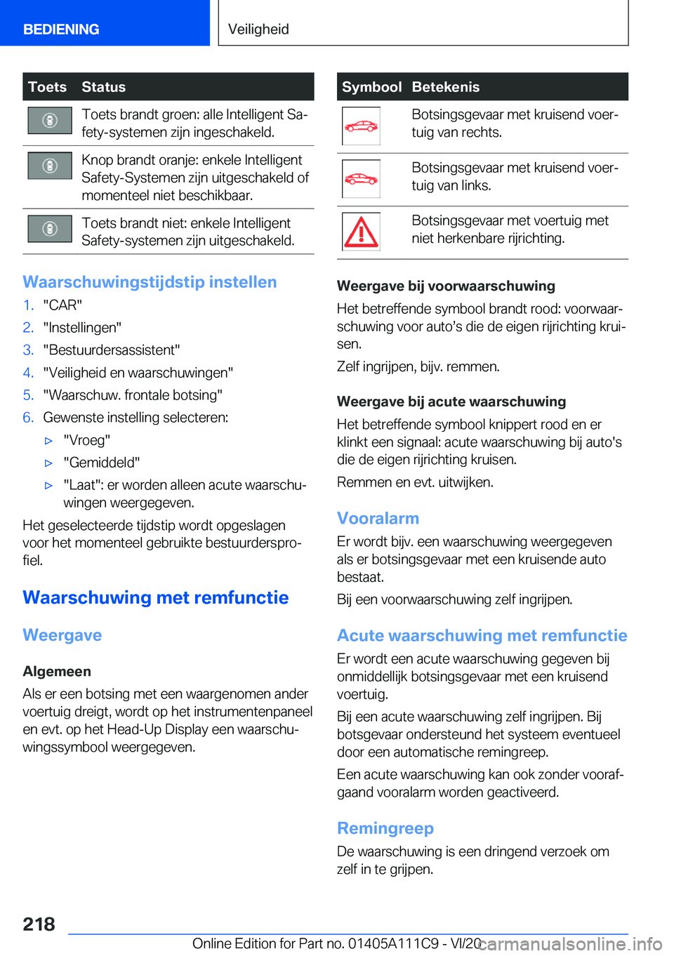BMW 3 SERIES SEDAN PLUG-IN HYBRID 2021  Instructieboekjes (in Dutch) �T�o�e�t�s�S�t�a�t�u�s�T�o�e�t�s��b�r�a�n�d�t��g�r�o�e�n�:��a�l�l�e��I�n�t�e�l�l�i�g�e�n�t��S�aj
�f�e�t�y�-�s�y�s�t�e�m�e�n��z�i�j�n��i�n�g�e�s�c�h�a�k�e�l�d�.�K�n�o�p��b�r�a�n�d�t��o�r�a�n�