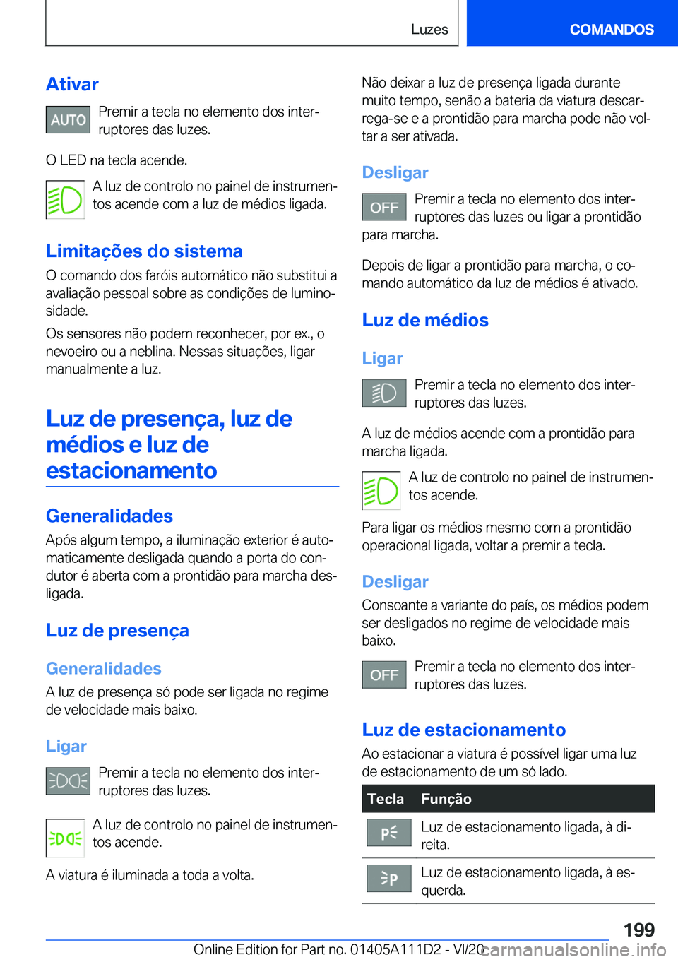 BMW 3 SERIES SEDAN PLUG-IN HYBRID 2021  Manual do condutor (in Portuguese) �A�t�i�v�a�r�P�r�e�m�i�r��a��t�e�c�l�a��n�o��e�l�e�m�e�n�t�o��d�o�s��i�n�t�e�rª�r�u�p�t�o�r�e�s��d�a�s��l�u�z�e�s�.
�O��L�E�D��n�a��t�e�c�l�a��a�c�e�n�d�e�. �A��l�u�z��d�e��c�o�n�t�r�