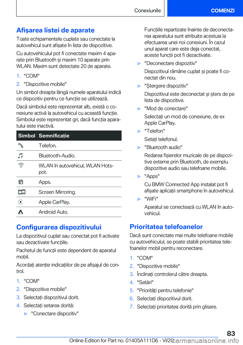 BMW 3 SERIES SEDAN PLUG-IN HYBRID 2021  Ghiduri De Utilizare (in Romanian) �A�f�i&�a�r�e�a��l�i�s�t�e�i��d�e��a�p�a�r�a�t�e�T�o�a�t�e��e�c�h�i�p�a�m�e�n�t�e�l�e��c�u�p�l�a�t�e��s�a�u��c�o�n�e�c�t�a�t�e��l�a
�a�u�t�o�v�e�h�i�c�u�l��s�u�n�t��a�f�i&�a�t�e��