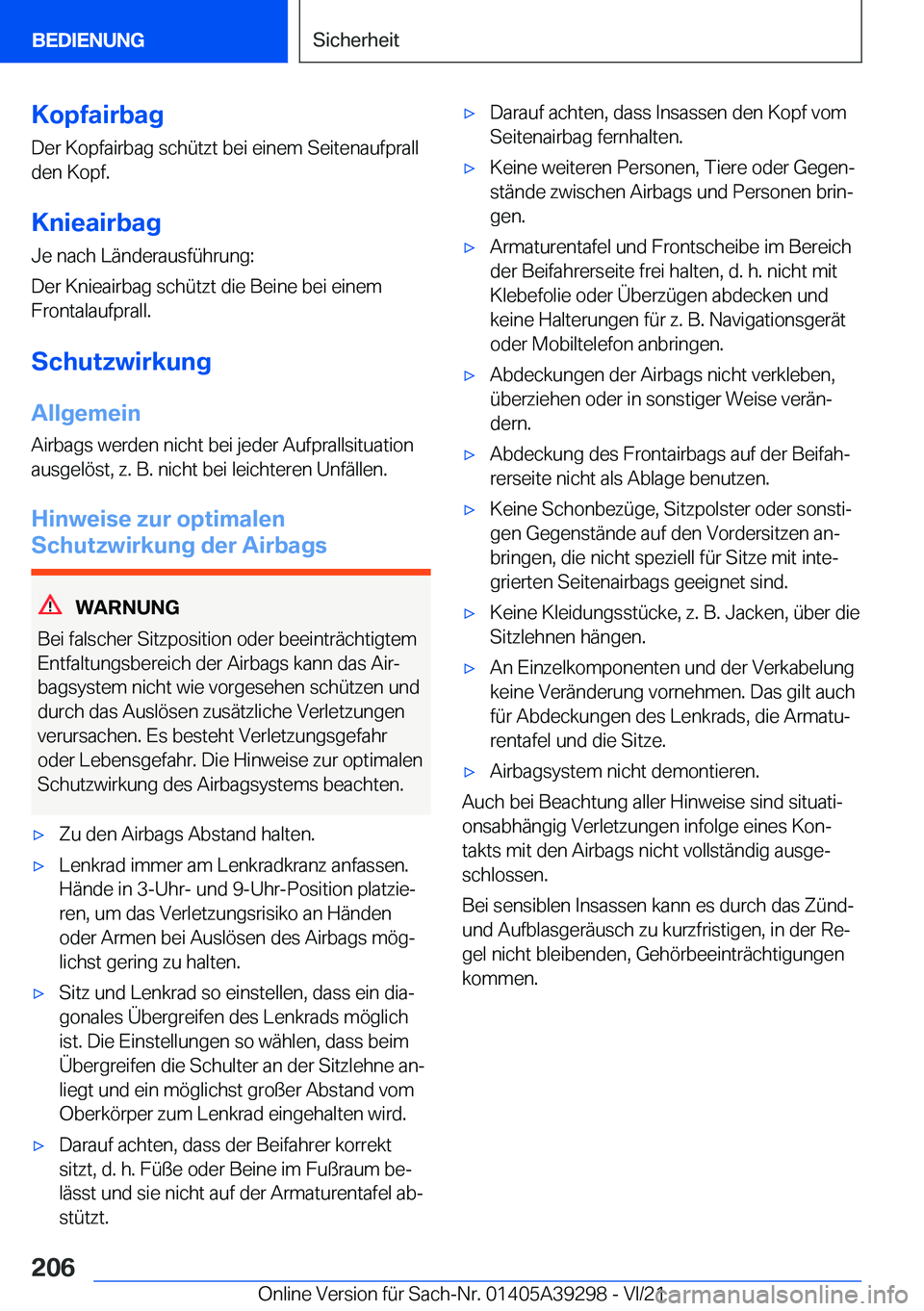 BMW 4 SERIES 2022  Betriebsanleitungen (in German) �K�o�p�f�a�i�r�b�a�g�D�e�r��K�o�p�f�a�i�r�b�a�g��s�c�h�