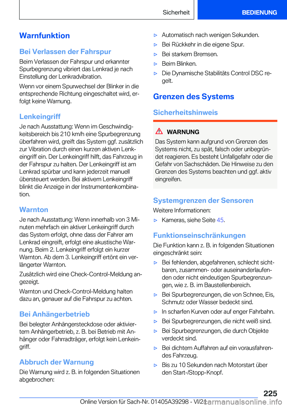 BMW 4 SERIES 2022  Betriebsanleitungen (in German) �W�a�r�n�f�u�n�k�t�i�o�n
�B�e�i��V�e�r�l�a�s�s�e�n��d�e�r��F�a�h�r�s�p�u�r �B�e�i�m��V�e�r�l�a�s�s�e�n��d�e�r��F�a�h�r�s�p�u�r��u�n�d��e�r�k�a�n�n�t�e�r�S�p�u�r�b�e�g�r�e�n�z�u�n�g��v�i�b�r�i