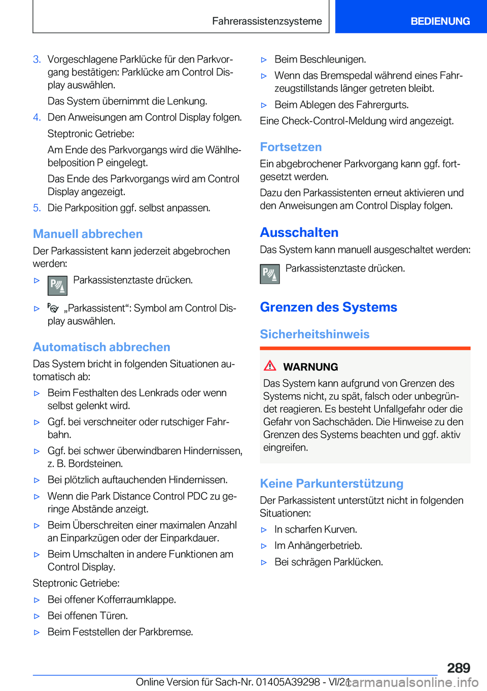 BMW 4 SERIES 2022  Betriebsanleitungen (in German) �3�.�V�o�r�g�e�s�c�h�l�a�g�e�n�e��P�a�r�k�l�