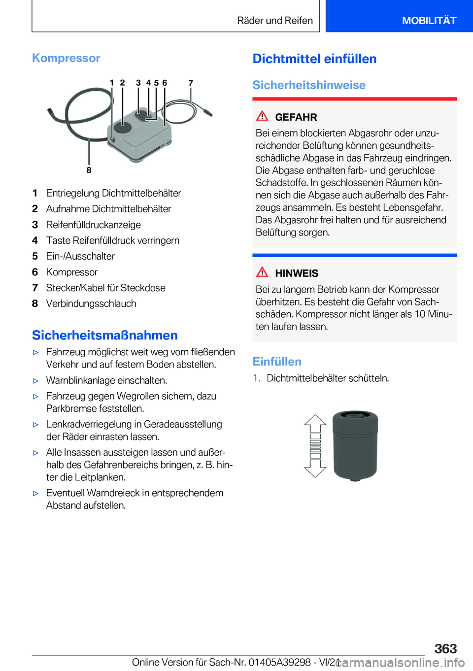 BMW 4 SERIES 2022  Betriebsanleitungen (in German) �K�o�m�p�r�e�s�s�o�r�1�E�n�t�r�i�e�g�e�l�u�n�g��D�i�c�h�t�m�i�t�t�e�l�b�e�h�