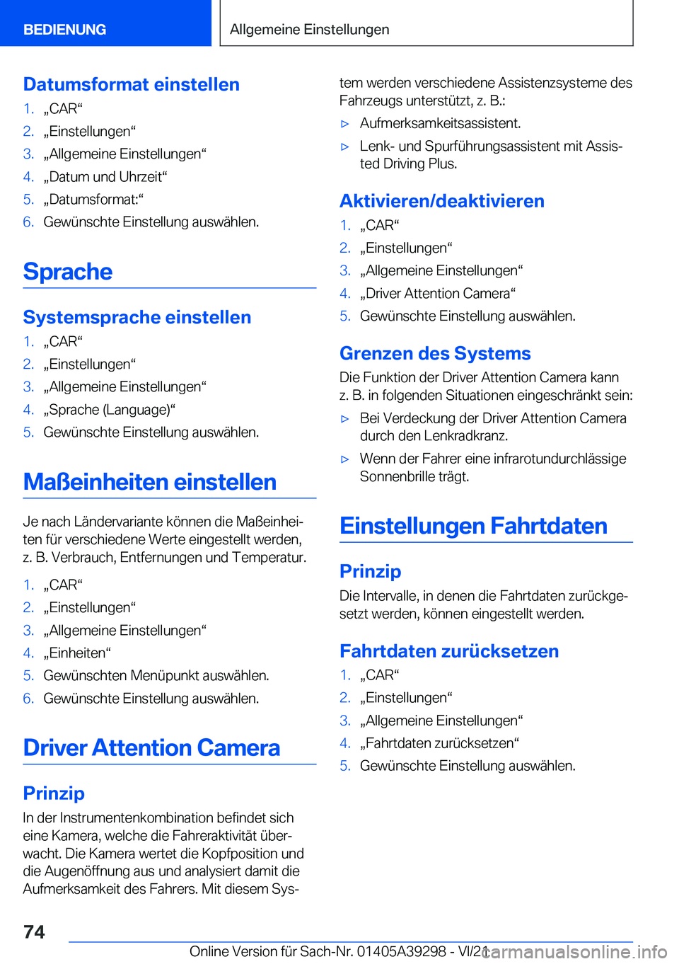 BMW 4 SERIES 2022  Betriebsanleitungen (in German) �D�a�t�u�m�s�f�o�r�m�a�t��e�i�n�s�t�e�l�l�e�n�1�.x�C�A�Rv�2�.x�E�i�n�s�t�e�l�l�u�n�g�e�nv�3�.x�A�l�l�g�e�m�e�i�n�e��E�i�n�s�t�e�l�l�u�n�g�e�nv�4�.x�D�a�t�u�m��u�n�d��U�h�r�z�e�i�tv�5�.x�D