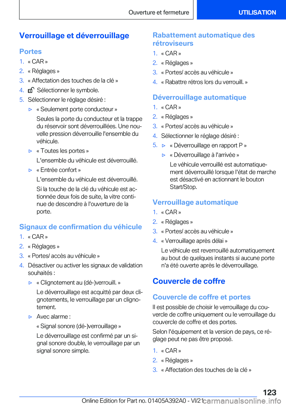 BMW 4 SERIES 2022  Notices Demploi (in French) �V�e�r�r�o�u�i�l�l�a�g�e��e�t��d�é�v�e�r�r�o�u�i�l�l�a�g�e�P�o�r�t�e�s�1�.�k��C�A�R��{�2�.�k��R�é�g�l�a�g�e�s��{�3�.�k��A�f�f�e�c�t�a�t�i�o�n��d�e�s��t�o�u�c�h�e�s��d�e��l�a��c�l�é��{�