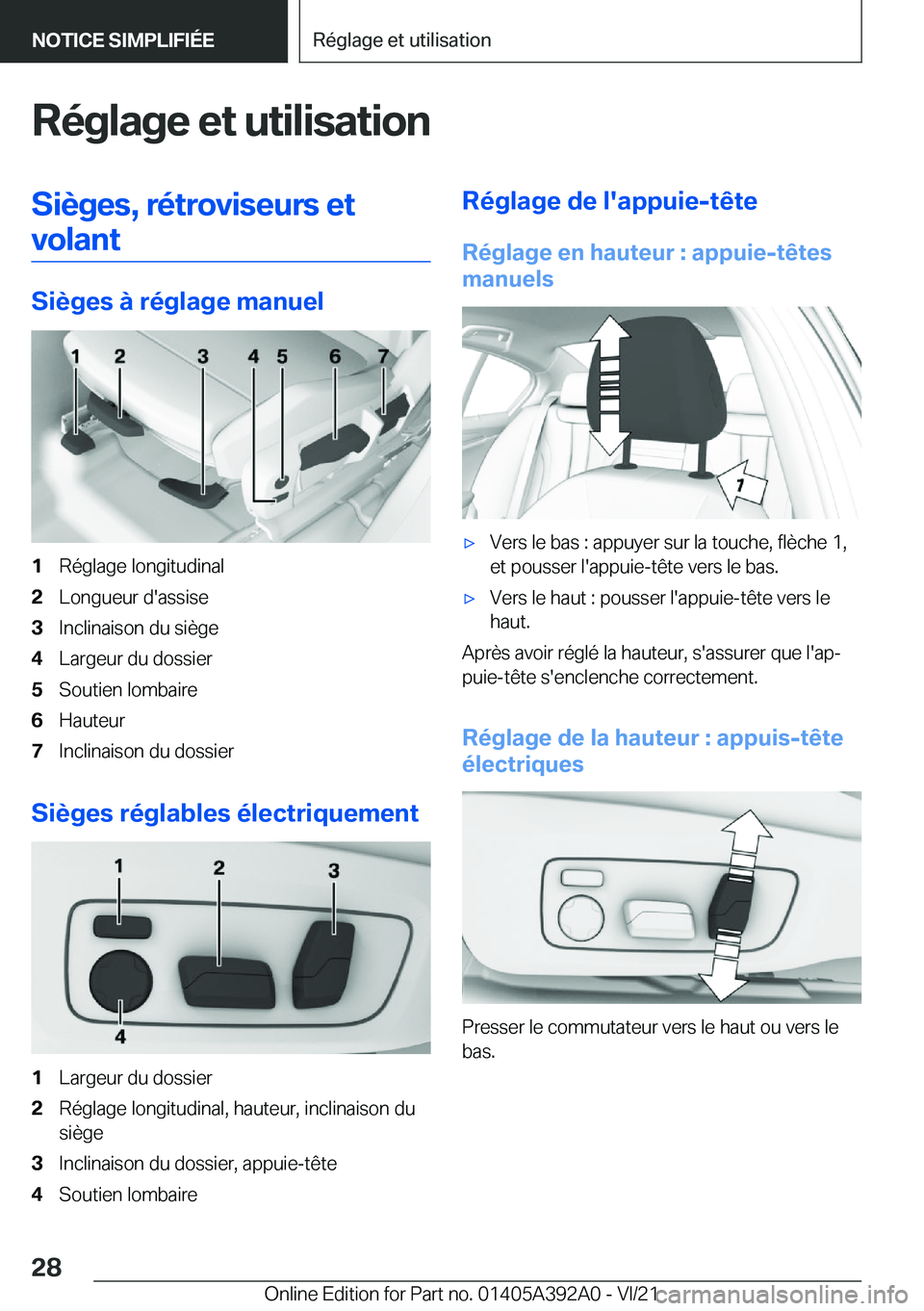 BMW 4 SERIES 2022  Notices Demploi (in French) �R�é�g�l�a�g�e��e�t��u�t�i�l�i�s�a�t�i�o�n�S�i�è�g�e�s�,��r�é�t�r�o�v�i�s�e�u�r�s��e�t�v�o�l�a�n�t
�S�i�è�g�e�s��