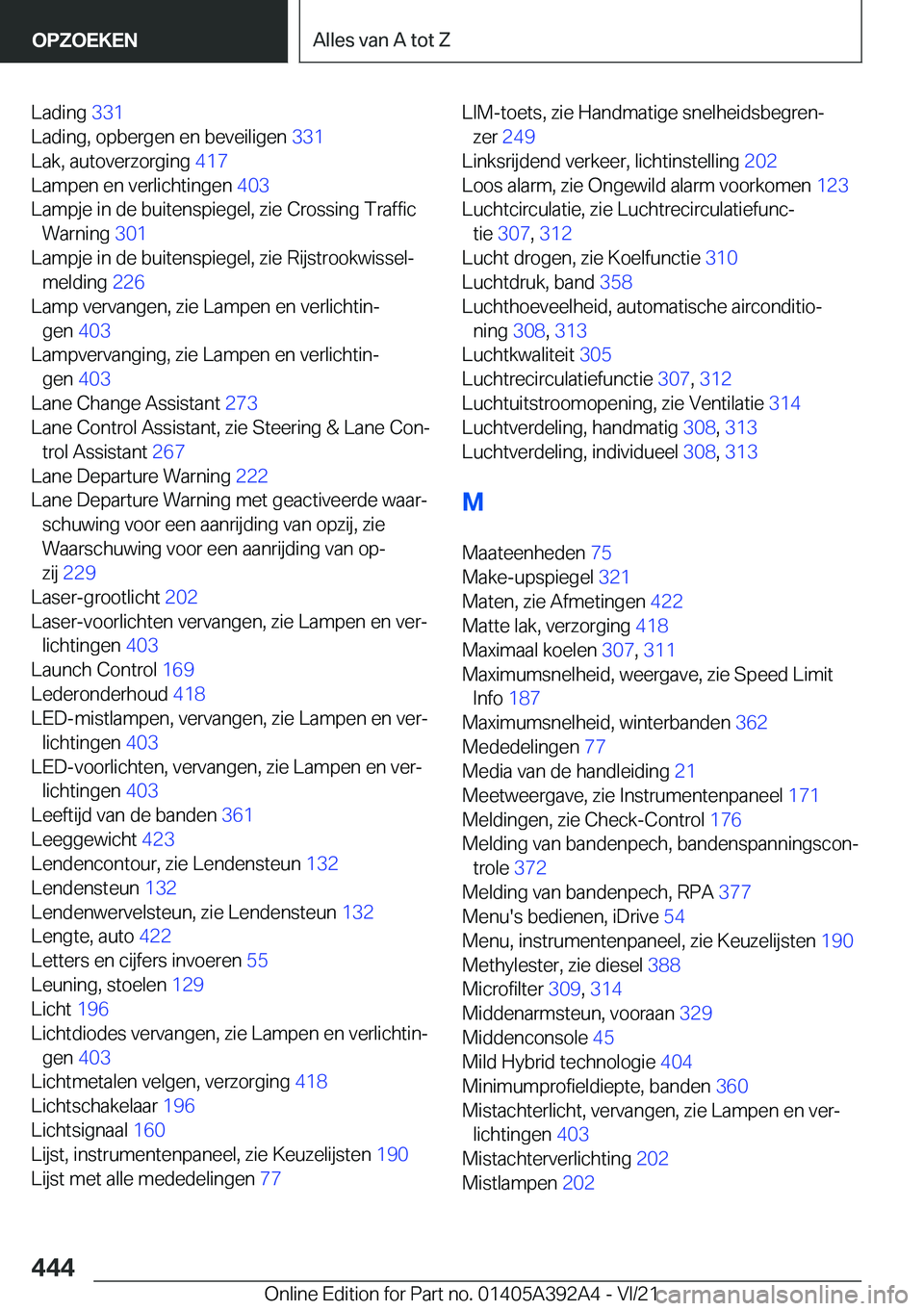BMW 4 SERIES 2022  Instructieboekjes (in Dutch) �L�a�d�i�n�g��3�3�1�
�L�a�d�i�n�g�,��o�p�b�e�r�g�e�n��e�n��b�e�v�e�i�l�i�g�e�n� �3�3�1�
�L�a�k�,��a�u�t�o�v�e�r�z�o�r�g�i�n�g� �4�1�7�
�L�a�m�p�e�n��e�n��v�e�r�l�i�c�h�t�i�n�g�e�n� �4�0�3