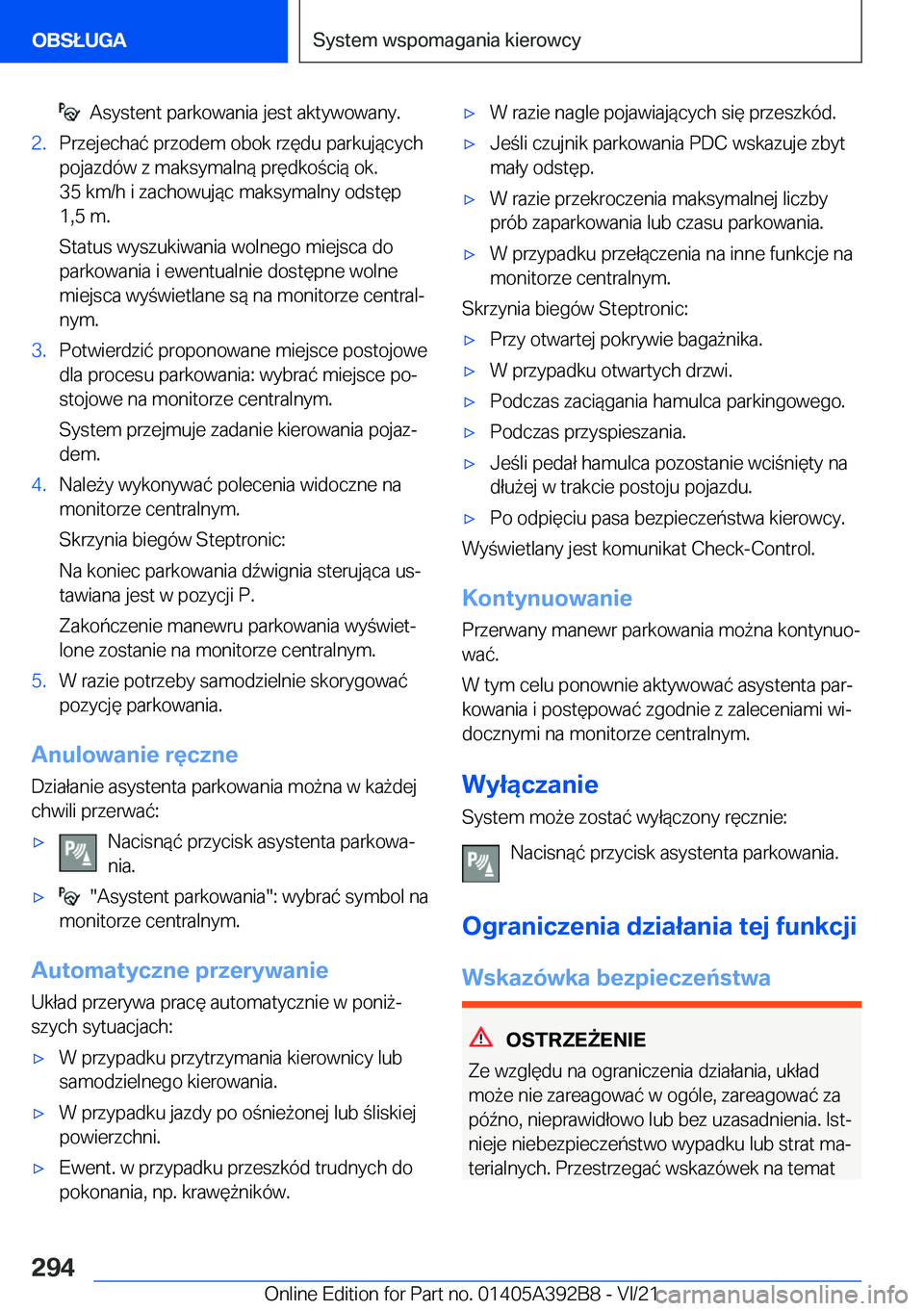 BMW 4 SERIES 2022  Instrukcja obsługi (in Polish) ���A�s�y�s�t�e�n�t��p�a�r�k�o�w�a�n�i�a��j�e�s�t��a�k�t�y�w�o�w�a�n�y�.�2�.�P�r�z�e�j�e�c�h�a�