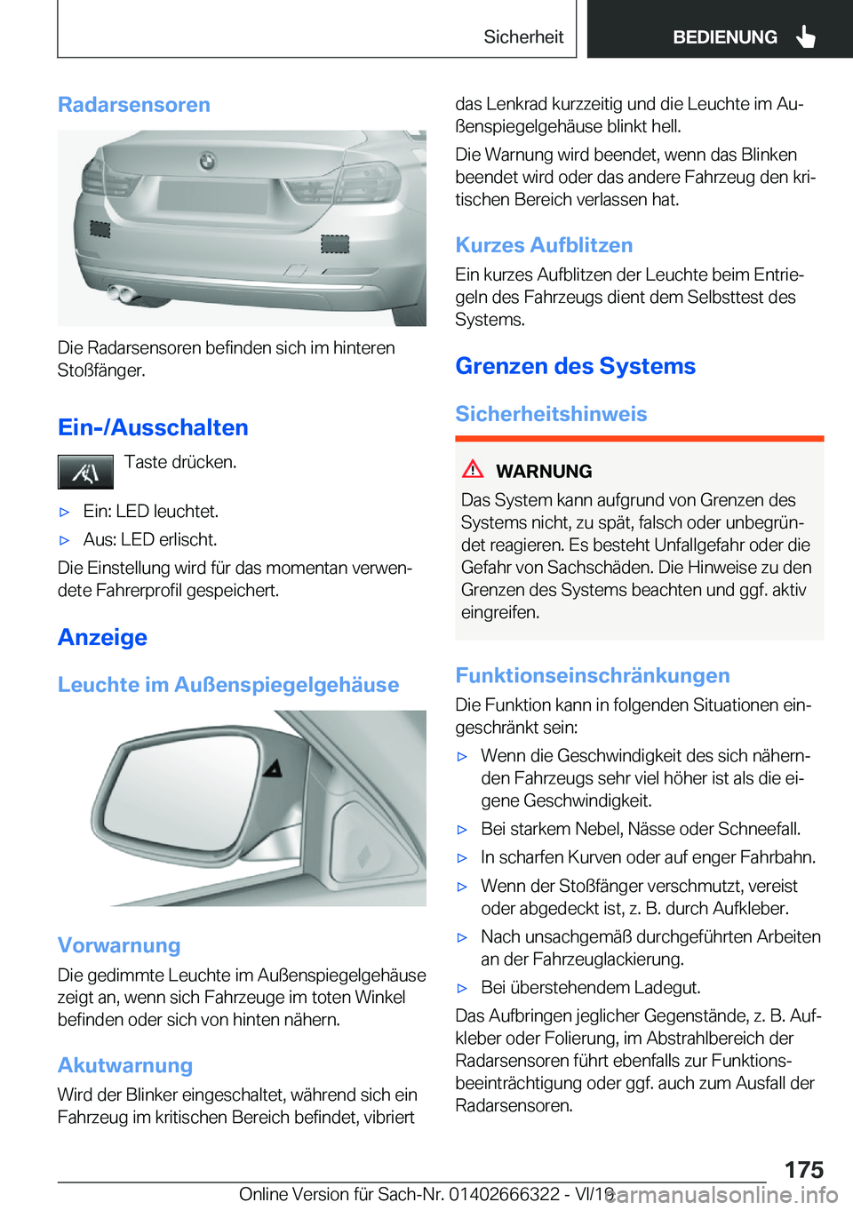 BMW 4 SERIES COUPE 2020  Betriebsanleitungen (in German) �R�a�d�a�r�s�e�n�s�o�r�e�n
�D�i�e��R�a�d�a�r�s�e�n�s�o�r�e�n��b�e�f�i�n�d�e�n��s�i�c�h��i�m��h�i�n�t�e�r�e�n
�S�t�o�