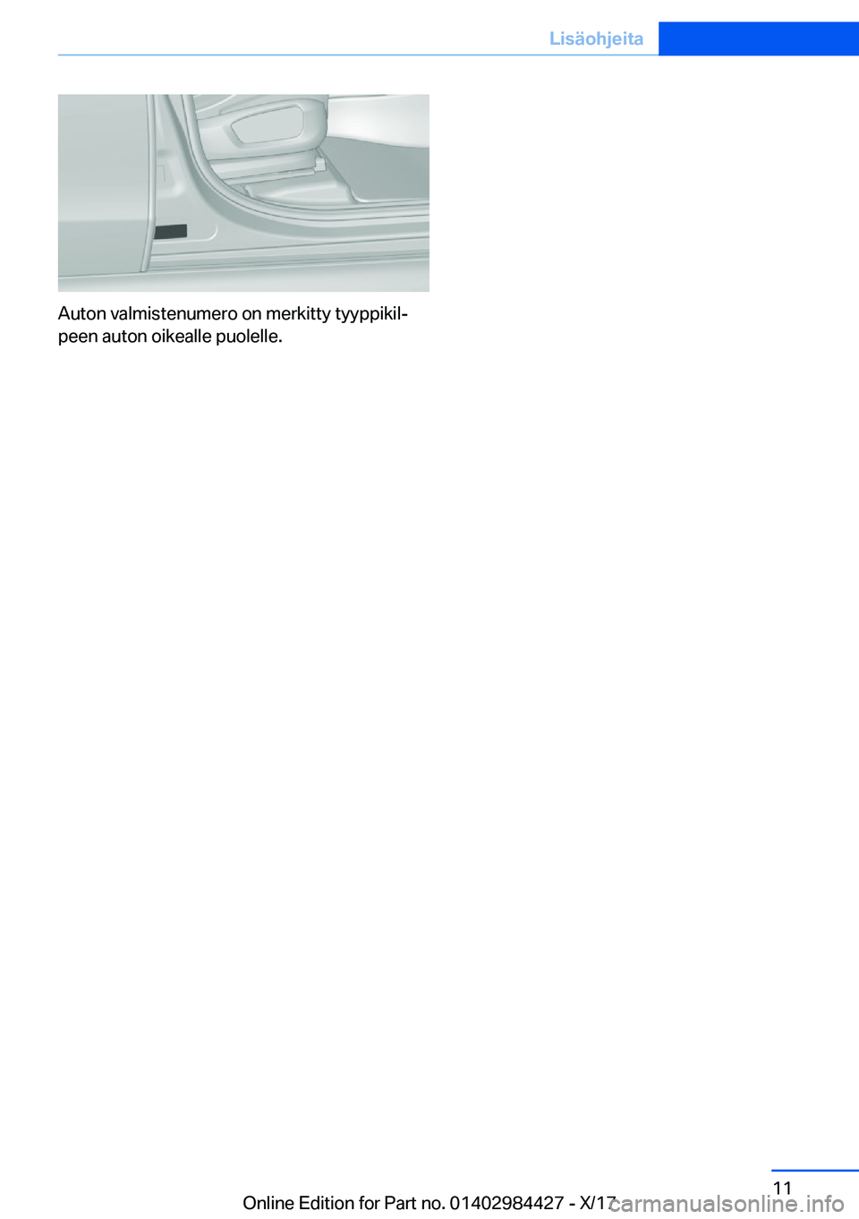 BMW 4 SERIES COUPE 2018  Omistajan Käsikirja (in Finnish) �A�u�t�o�n� �v�a�l�m�i�s�t�e�n�u�m�e�r�o� �o�n� �m�e�r�k�i�t�t�y� �t�y�y�p�p�i�k�i�lj
�p�e�e�n� �a�u�t�o�n� �o�i�k�e�a�l�l�e� �p�u�o�l�e�l�l�e�.
�S�e�i�t�e� �1�1�L�i�s�