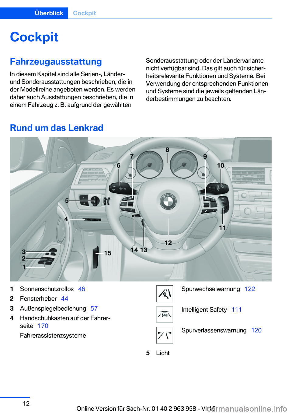 BMW 4 SERIES COUPE 2016  Betriebsanleitungen (in German) CockpitFahrzeugausstattung
In diesem Kapitel sind alle Serien-, Länder-
und Sonderausstattungen beschrieben, die in
der Modellreihe angeboten werden. Es werden
daher auch Ausstattungen beschrieben, d