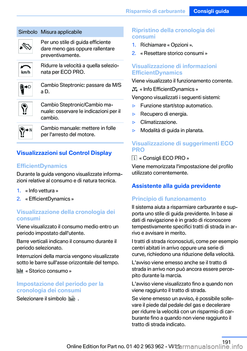 BMW 4 SERIES COUPE 2016 Libretti Di Uso E manutenzione (in Italian) SimboloMisura applicabilePer uno stile di guida efficiente
dare meno gas oppure rallentare
preventivamente.Ridurre la velocità a quella selezio‐
nata per ECO PRO.Cambio Steptronic: passare da M/S
a BMW 4 SERIES COUPE 2016 Libretti Di Uso E manutenzione (in Italian) SimboloMisura applicabilePer uno stile di guida efficiente
dare meno gas oppure rallentare
preventivamente.Ridurre la velocità a quella selezio‐
nata per ECO PRO.Cambio Steptronic: passare da M/S
a