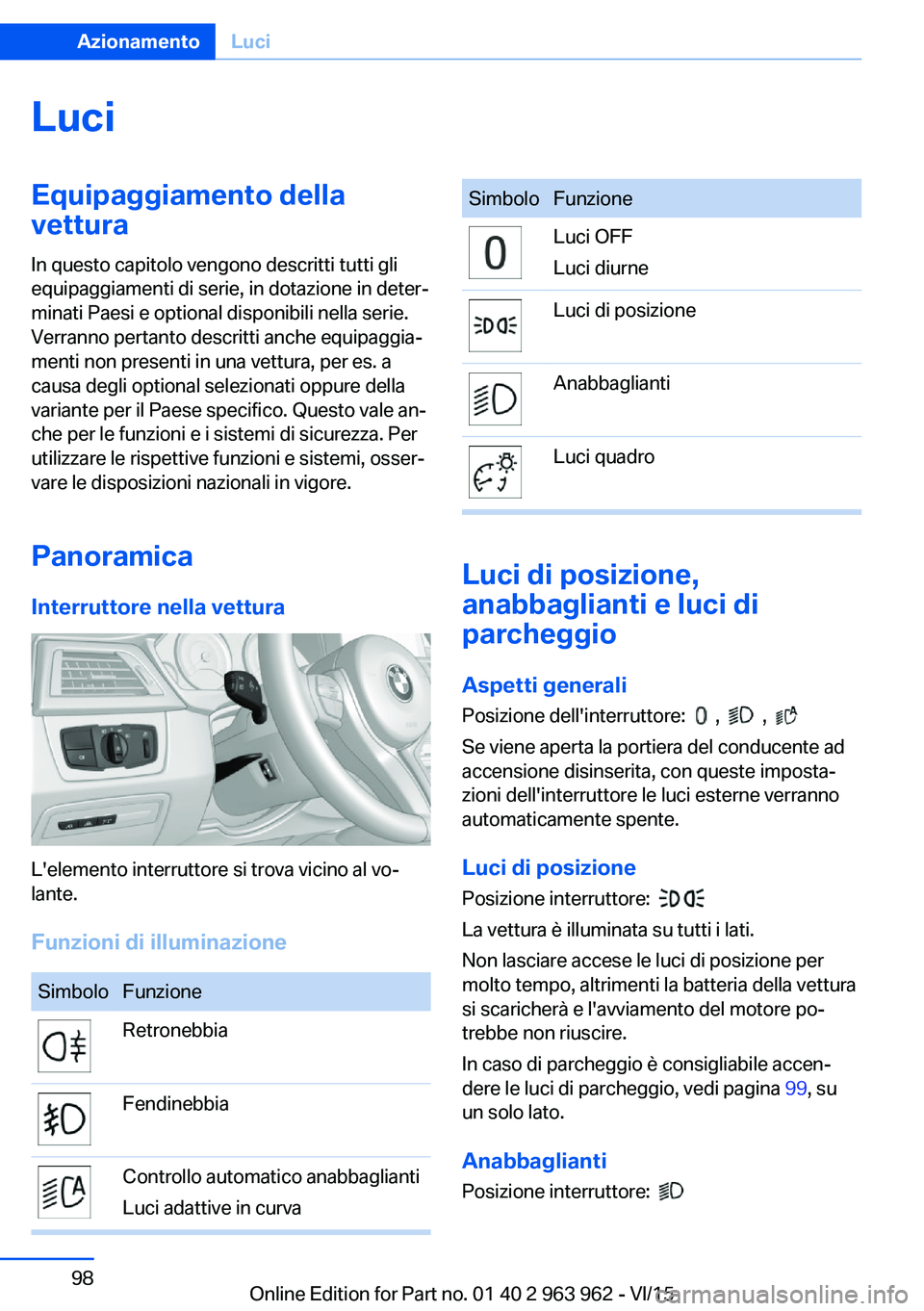 BMW 4 SERIES COUPE 2016 Libretti Di Uso E manutenzione (in Italian) LuciEquipaggiamento della
vettura
In questo capitolo vengono descritti tutti gli
equipaggiamenti di serie, in dotazione in deter‐
minati Paesi e optional disponibili nella serie.
Verranno pertanto d BMW 4 SERIES COUPE 2016 Libretti Di Uso E manutenzione (in Italian) LuciEquipaggiamento della
vettura
In questo capitolo vengono descritti tutti gli
equipaggiamenti di serie, in dotazione in deter‐
minati Paesi e optional disponibili nella serie.
Verranno pertanto d