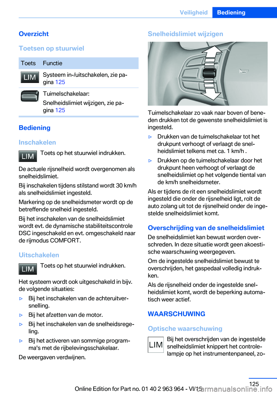 BMW 4 SERIES COUPE 2016  Instructieboekjes (in Dutch) Overzicht
Toetsen op stuurwielToetsFunctieSysteem in-/uitschakelen, zie pa‐
gina  125Tuimelschakelaar:
Snelheidslimiet wijzigen, zie pa‐
gina  125
Bediening
Inschakelen Toets op het stuurwiel indr