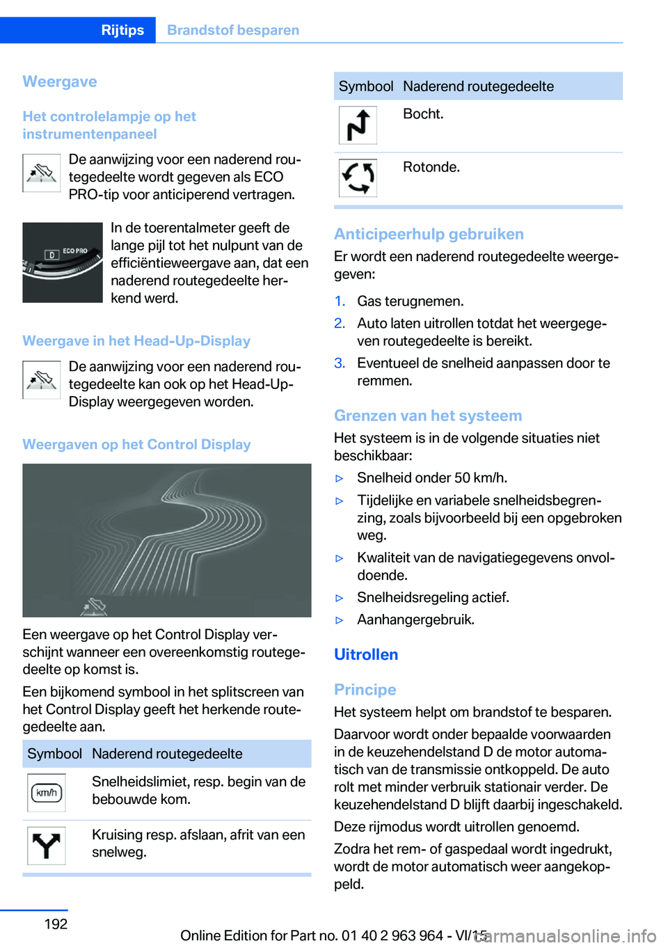 BMW 4 SERIES COUPE 2016  Instructieboekjes (in Dutch) Weergave
Het controlelampje op het
instrumentenpaneel
De aanwijzing voor een naderend rou‐
tegedeelte wordt gegeven als ECO
PRO-tip voor anticiperend vertragen.
In de toerentalmeter geeft de
lange p