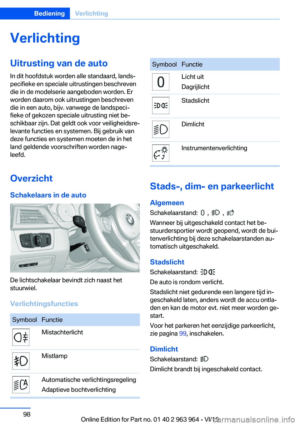 BMW 4 SERIES COUPE 2016  Instructieboekjes (in Dutch) VerlichtingUitrusting van de autoIn dit hoofdstuk worden alle standaard, lands‐
pecifieke en speciale uitrustingen beschreven
die in de modelserie aangeboden worden. Er
worden daarom ook uitrustinge