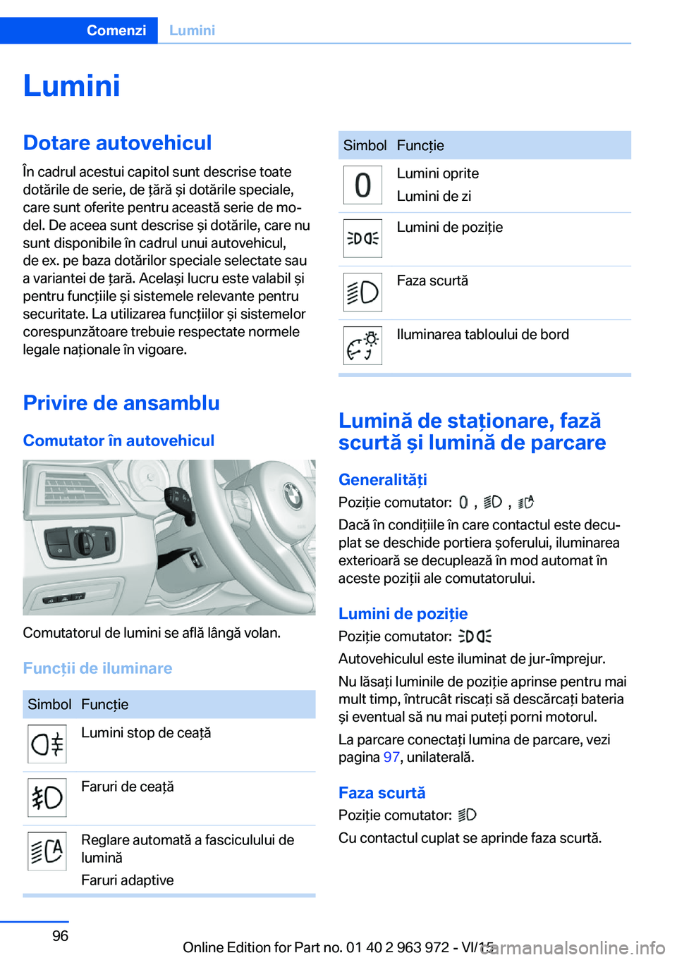 BMW 4 SERIES COUPE 2016  Ghiduri De Utilizare (in Romanian) LuminiDotare autovehicul
În cadrul acestui capitol sunt descrise toate
dotările de serie, de ţără şi dotările speciale,
care sunt oferite pentru această serie de mo‐
del. De aceea sunt descr