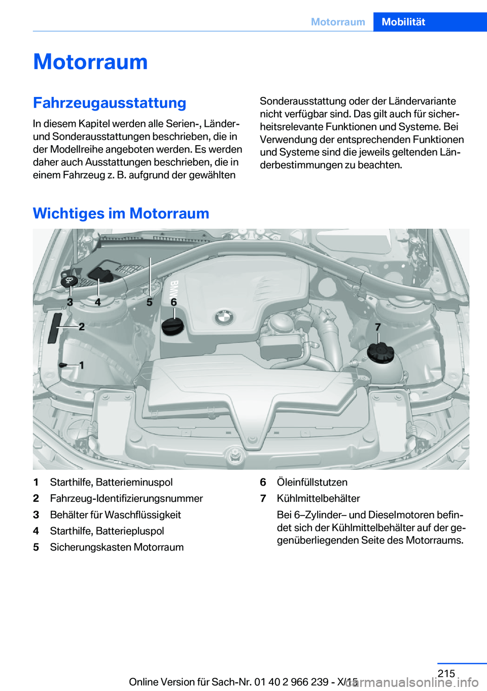 BMW 4 SERIES GRAN COUPE 2016  Betriebsanleitungen (in German) MotorraumFahrzeugausstattungIn diesem Kapitel werden alle Serien-, Länder-
und Sonderausstattungen beschrieben, die in
der Modellreihe angeboten werden. Es werden
daher auch Ausstattungen beschrieben