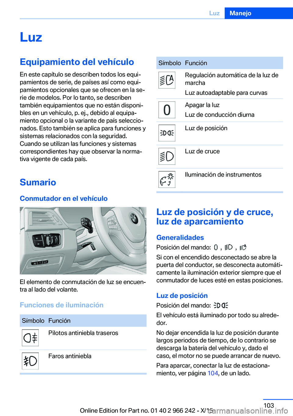 BMW 4 SERIES GRAN COUPE 2016  Manuales de Empleo (in Spanish) LuzEquipamiento del vehículoEn este capítulo se describen todos los equi‐
pamientos de serie, de países así como equi‐
pamientos opcionales que se ofrecen en la se‐
rie de modelos. Por lo ta