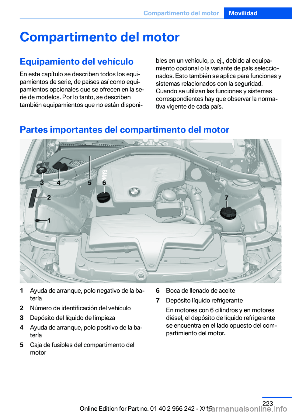 BMW 4 SERIES GRAN COUPE 2016  Manuales de Empleo (in Spanish) Compartimento del motorEquipamiento del vehículoEn este capítulo se describen todos los equi‐
pamientos de serie, de países así como equi‐
pamientos opcionales que se ofrecen en la se‐
rie d