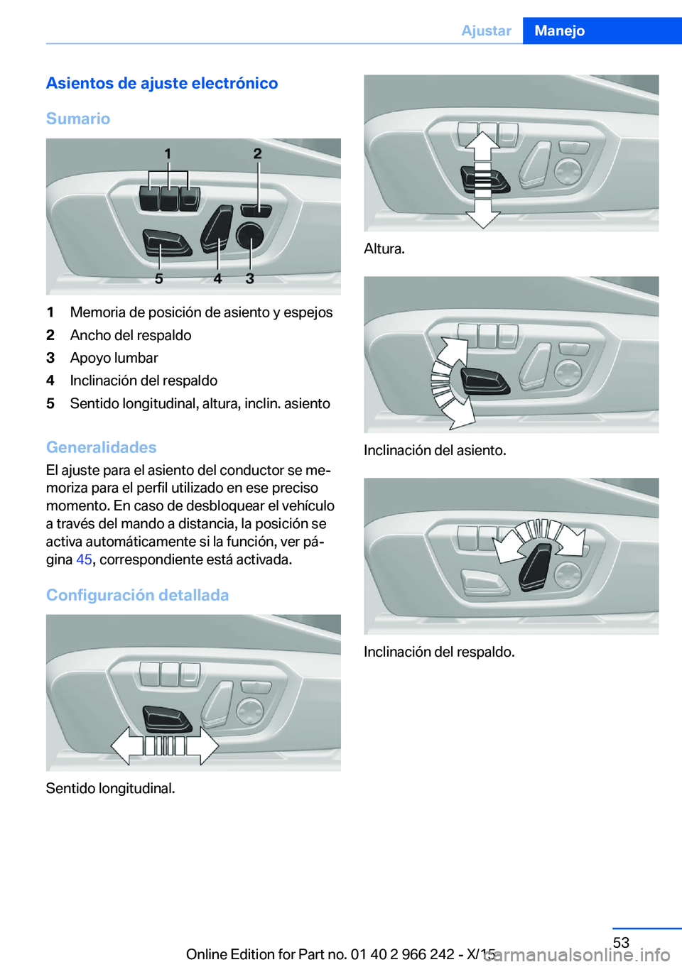 BMW 4 SERIES GRAN COUPE 2016  Manuales de Empleo (in Spanish) Asientos de ajuste electrónico
Sumario1Memoria de posición de asiento y espejos2Ancho del respaldo3Apoyo lumbar4Inclinación del respaldo5Sentido longitudinal, altura, inclin. asiento
Generalidades
